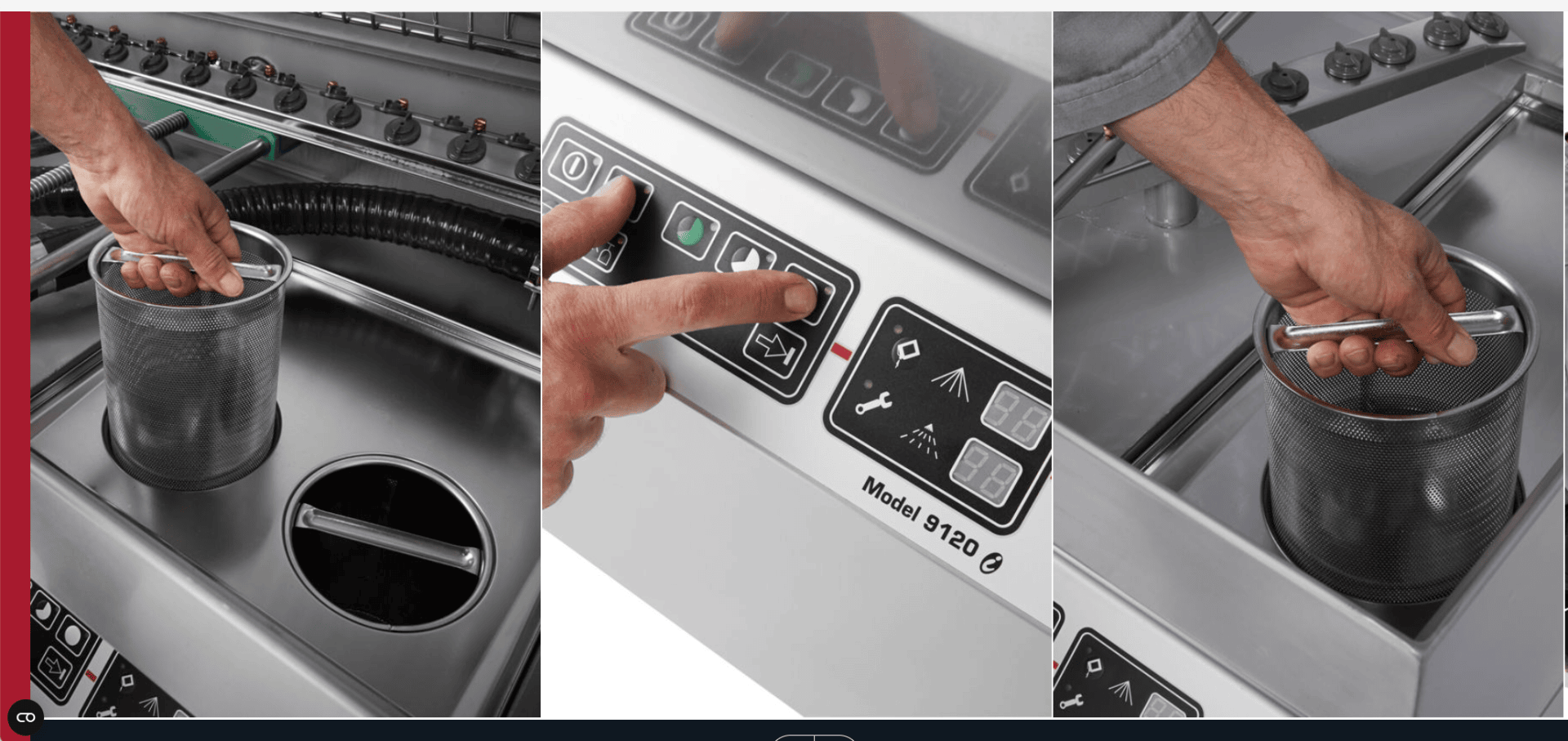 Three-panel image: Left, a hand lowers a metal mesh basket into an industrial machine. Center, a hand presses a button on a control panel labeled Model 9120. Right, a hand lifts the basket from the machine.