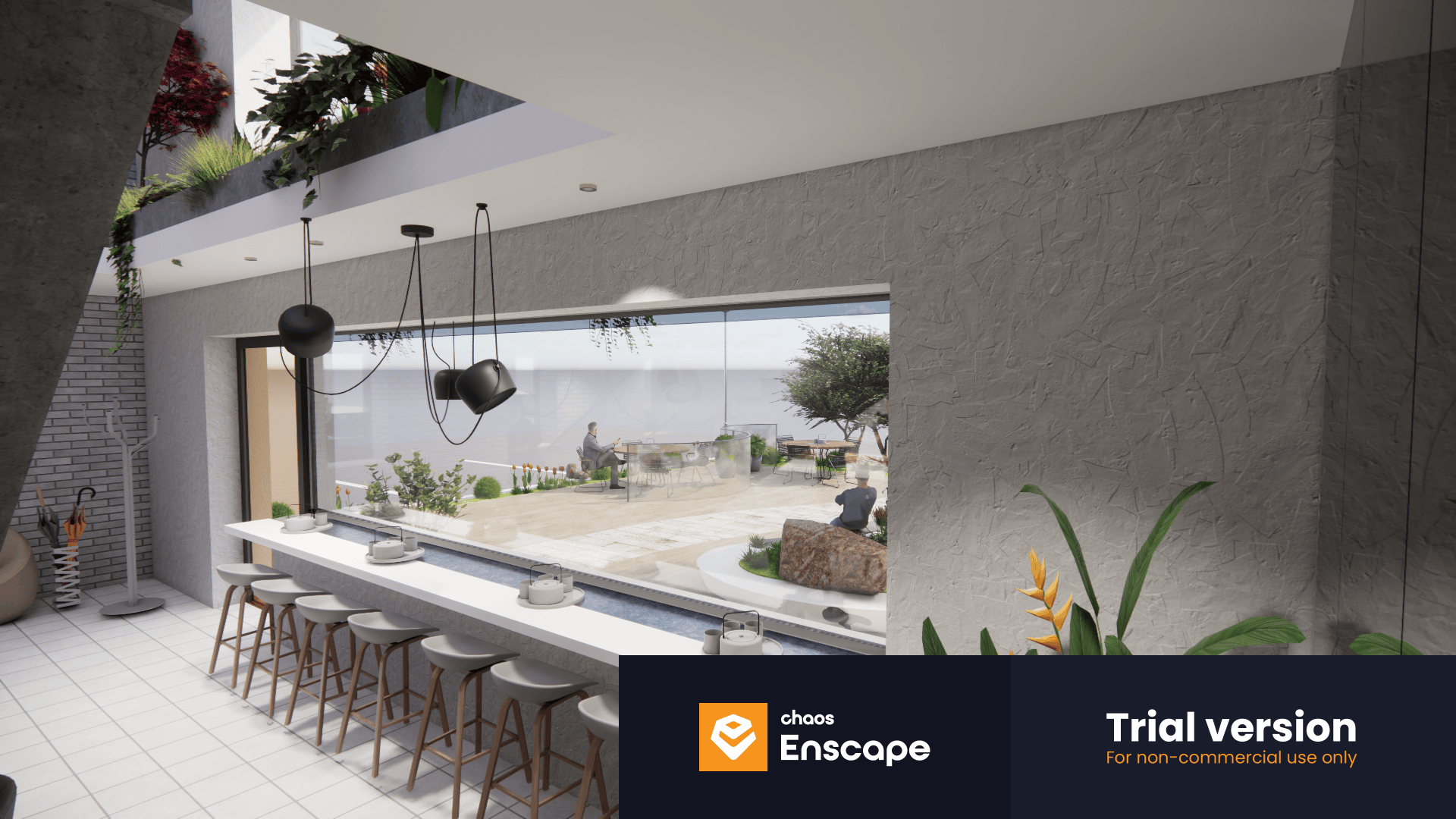 Eine moderne Küche mit langer Theke und Barhockern bietet durch ein großes Fenster Blick auf eine geräumige Terrasse. Von der Decke hängen Pendelleuchten, und Topfpflanzen schmücken den Raum. Das Wasserzeichen der Enscape-Testversion ist sichtbar.