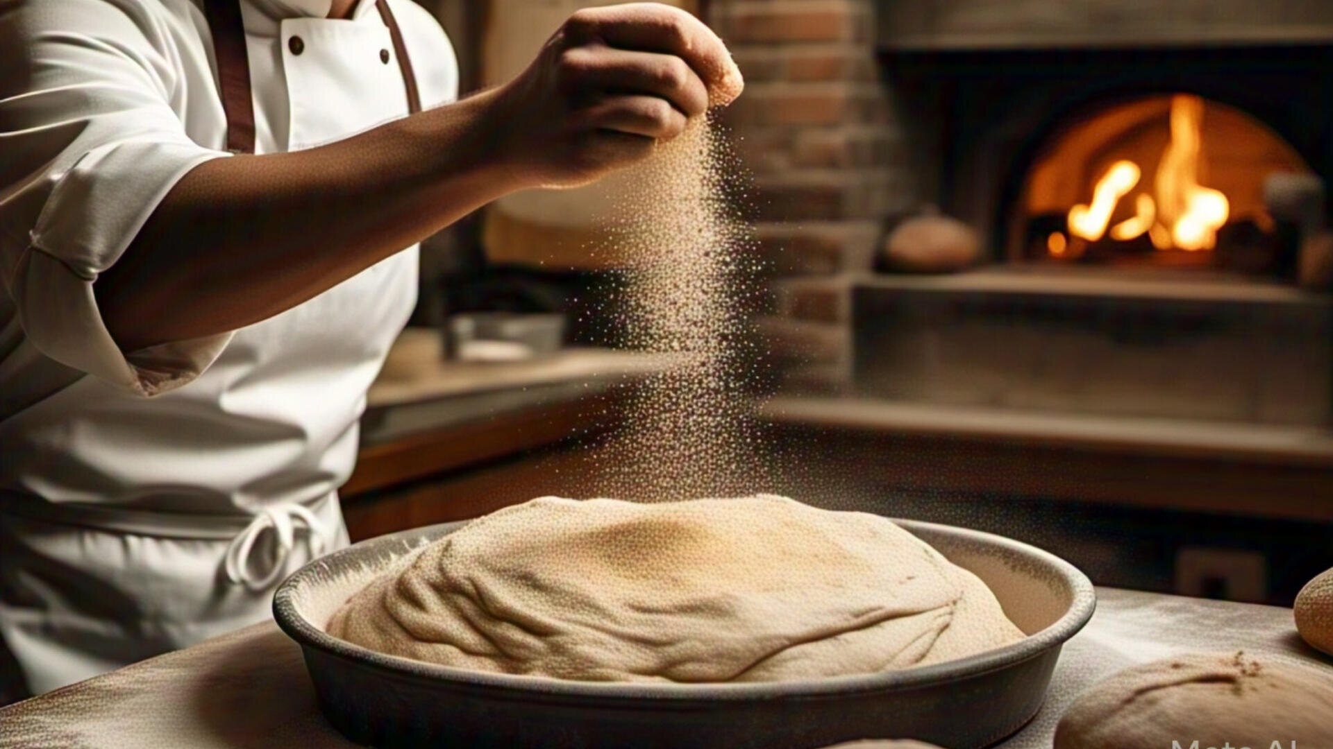 A baker sprinkles flour over a large round dough in a pan, with a brick oven and flames in the background, creating a warm, rustic bakery atmosphere.