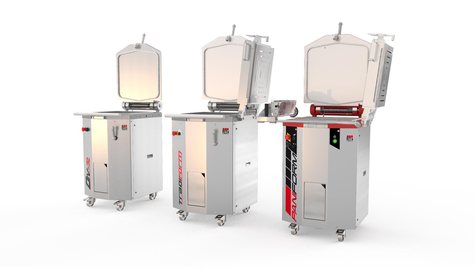 Three industrial vacuum packaging machines on wheels, each with stainless steel housing and transparent hinged lids, are shown side by side against a white background. One has a built-in roll holder and a cutter for bags.