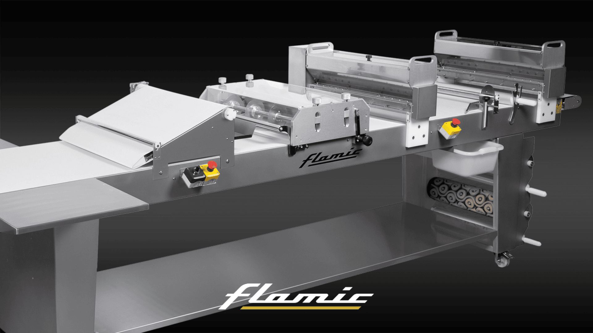 A stainless steel commercial dough sheeter and roller machine with safety buttons, conveyer belts, and rollers, featuring the brand name Flamic on the front, set against a dark gradient background.