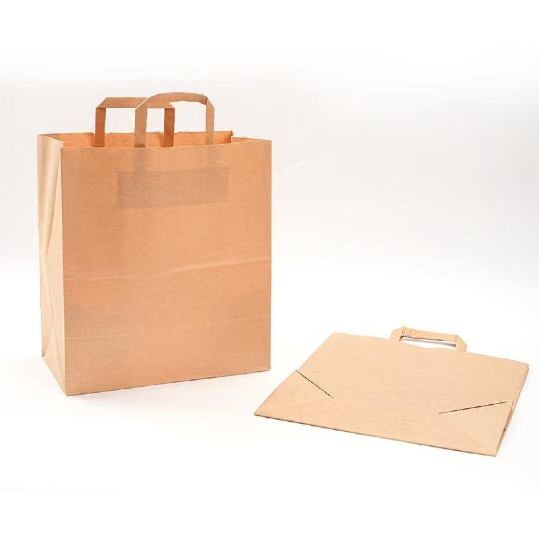 Two brown paper bags with handles; one is standing upright and open, while the other is folded flat on a white background.