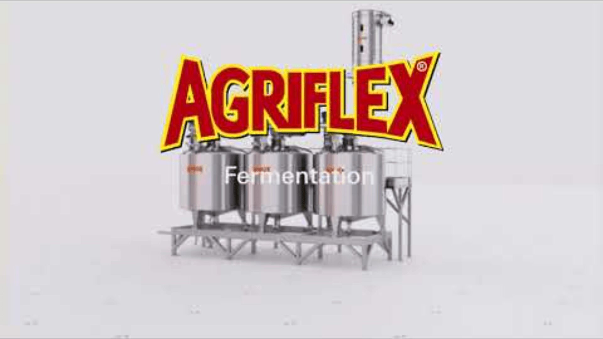 Three large stainless steel fermentation tanks with the word AGRIFLEX in bold red and yellow letters above and the word Fermentation below on a plain white background.