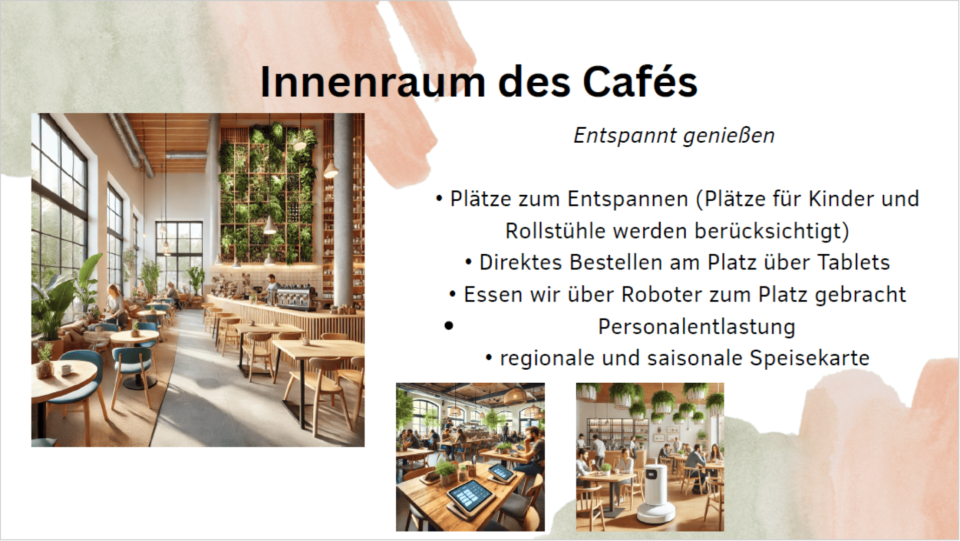 Ein modernes Café-Interieur mit großen Fenstern, viel Grün, Holzmöbeln und zahlreichen Sitzgelegenheiten. Der Text hebt die entspannte Atmosphäre, die Technologieintegration, die Roboter-Lieferung von Speisen und die regionalen, saisonalen Menüoptionen hervor.