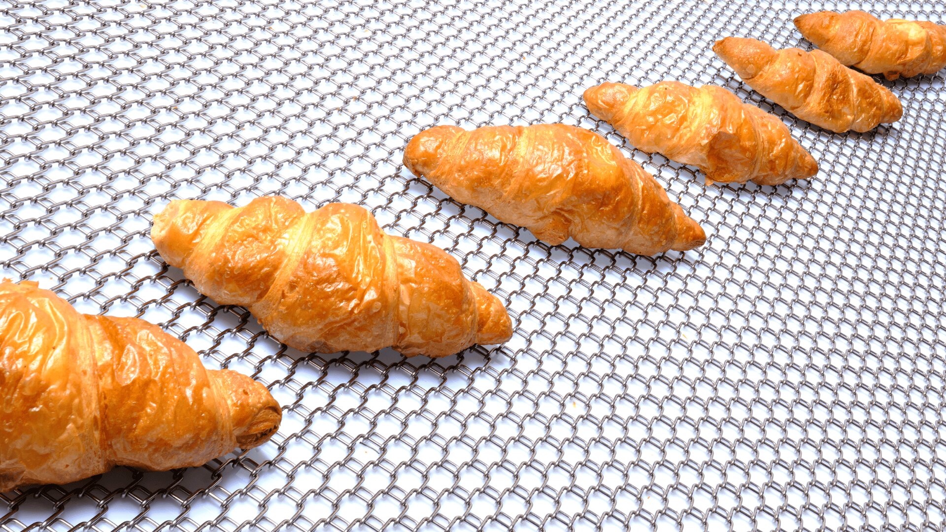 Golden brown croissants arranged in a diagonal line on a metal cooling rack with a mesh pattern.