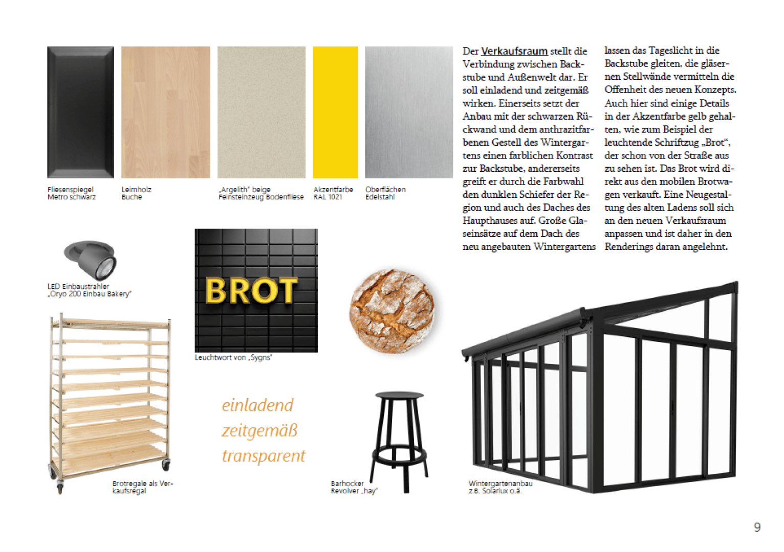 Ein Moodboard für eine Bäckerei, das Holzstrukturen, Fliesen, eine Drahtgitterstruktur, Beleuchtung, Brotregale, einen Laib Brot, einen schwarzen Hocker, das Wort BROT auf Fliesen und einen deutschen Text zeigt, der das Bäckereikonzept beschreibt.