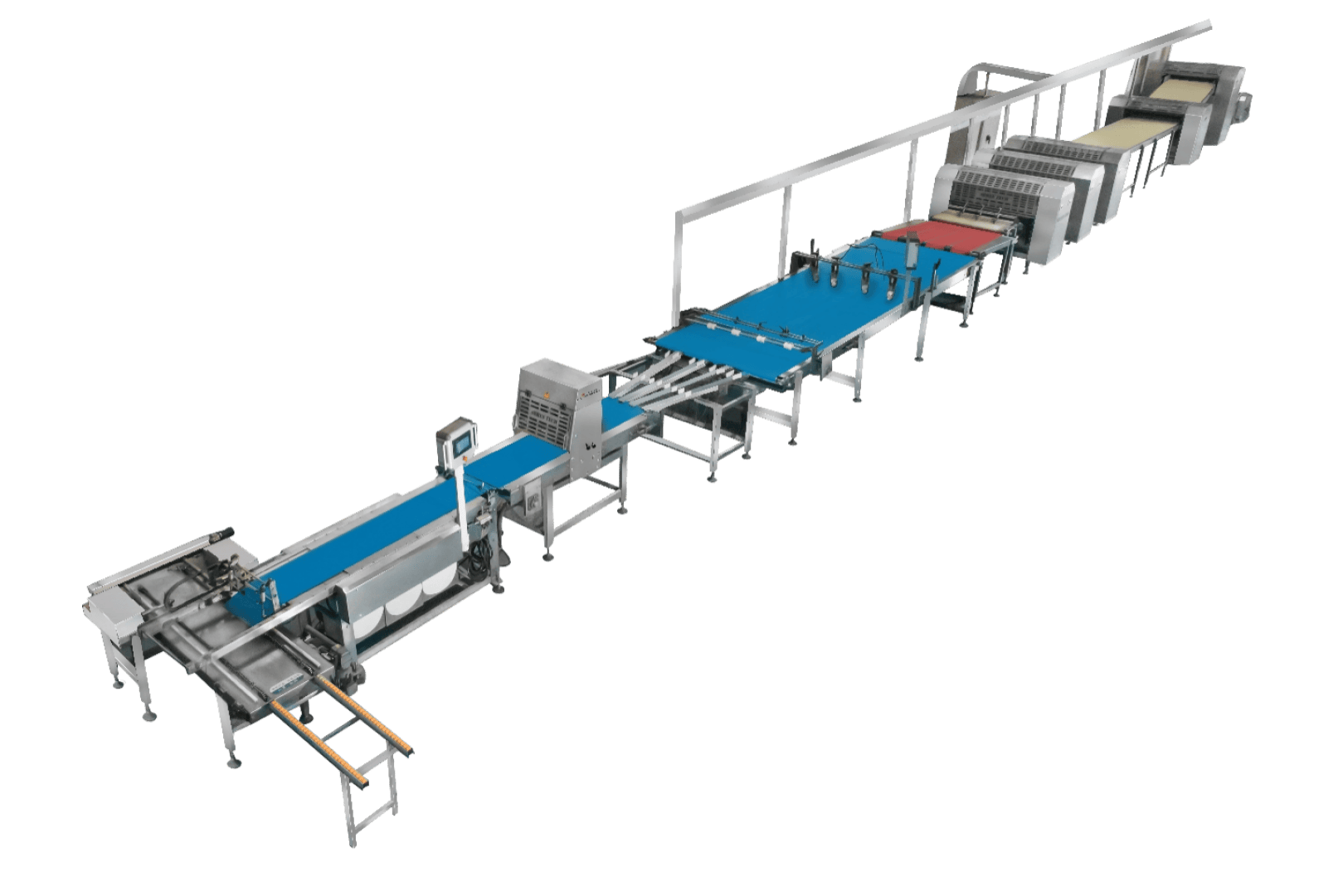 A long, automated industrial machine with multiple conveyor belts, rollers, and components for processing or assembling materials in a factory setting. The machine is shown on a white background.