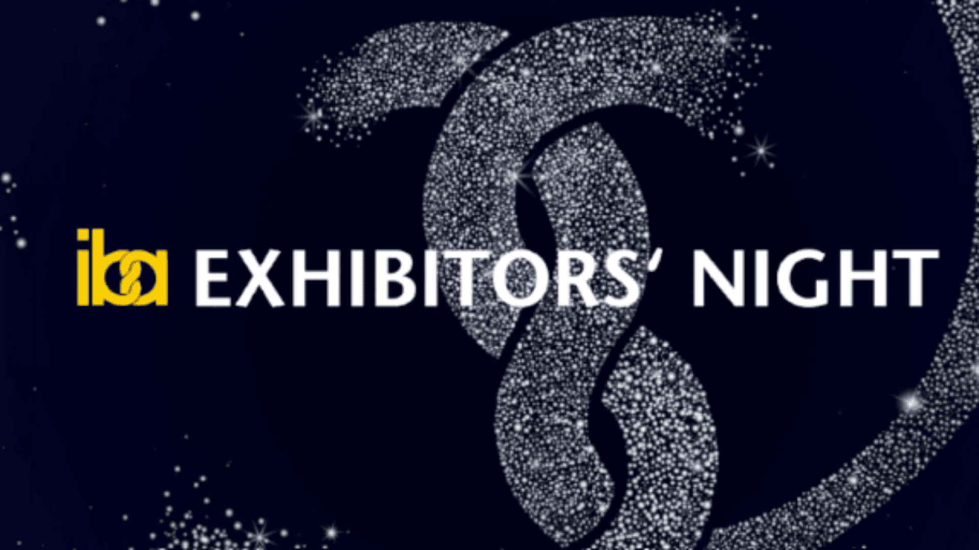 Dark blue background with sparkling white abstract shapes. Yellow and white text in the center reads iba EXHIBITORS’ NIGHT.