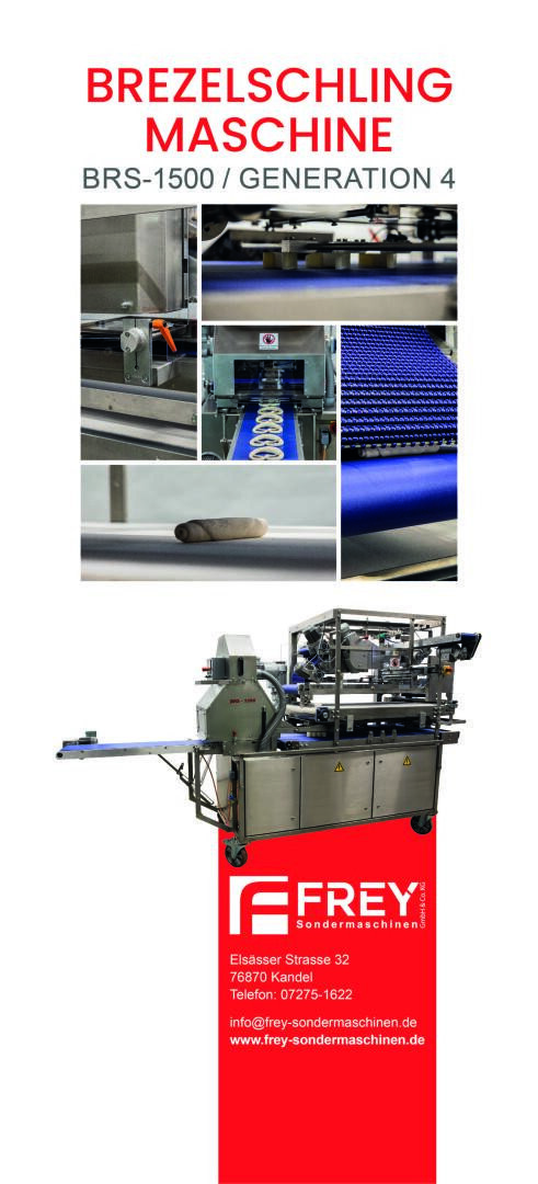 Promotional poster for the Brezelschling Maschine BRS-1500/Generation 4 by Frey, featuring photos of the pretzel-making machine, close-ups of conveyor belts, and company contact information at the bottom.
