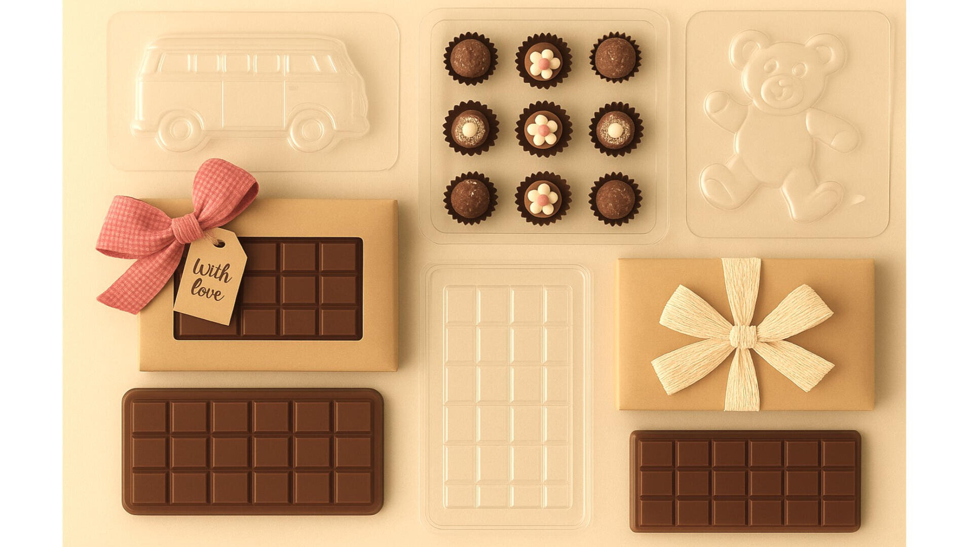 Verschiedene Schokoriegel und Pralinen in brauner Verpackung mit Schleifen, einem Geschenkanhänger mit der Aufschrift „Mit Liebe“ und durchsichtigen Formen in Form eines Lieferwagens, eines Gitters und eines Teddybären, ordentlich auf einem beigen Hintergrund angeordnet.