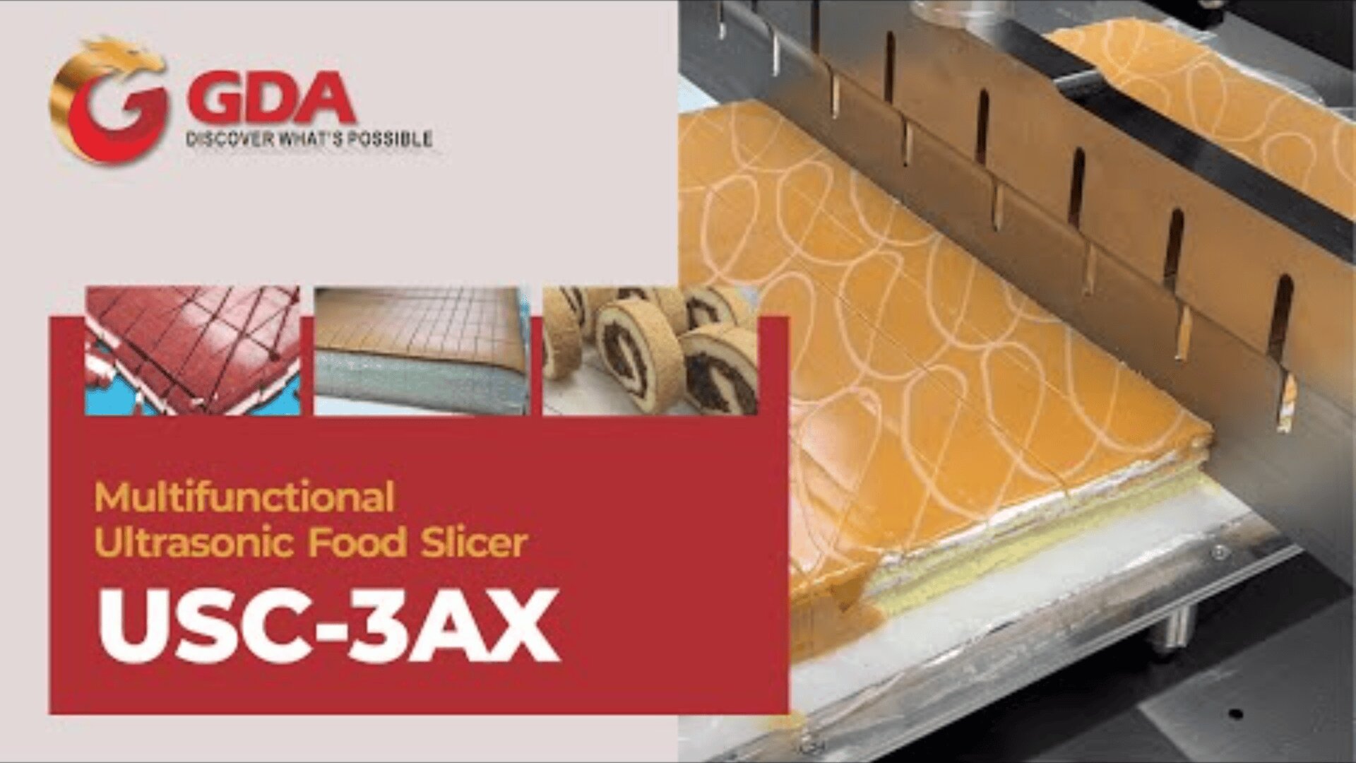 Promotional image for the GDA USC-3AX Multifunction Ultrasonic Food Slicer, showing the machine slicing a layer cake, with smaller images of sliced cakes and desserts.