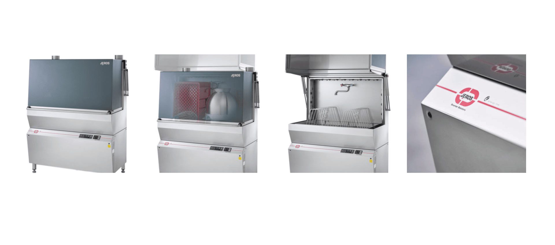 Four images show a large industrial dishwasher from different angles: fully closed, open with items inside, open with racks, and a close-up of the control panel displaying the manufacturers logo.