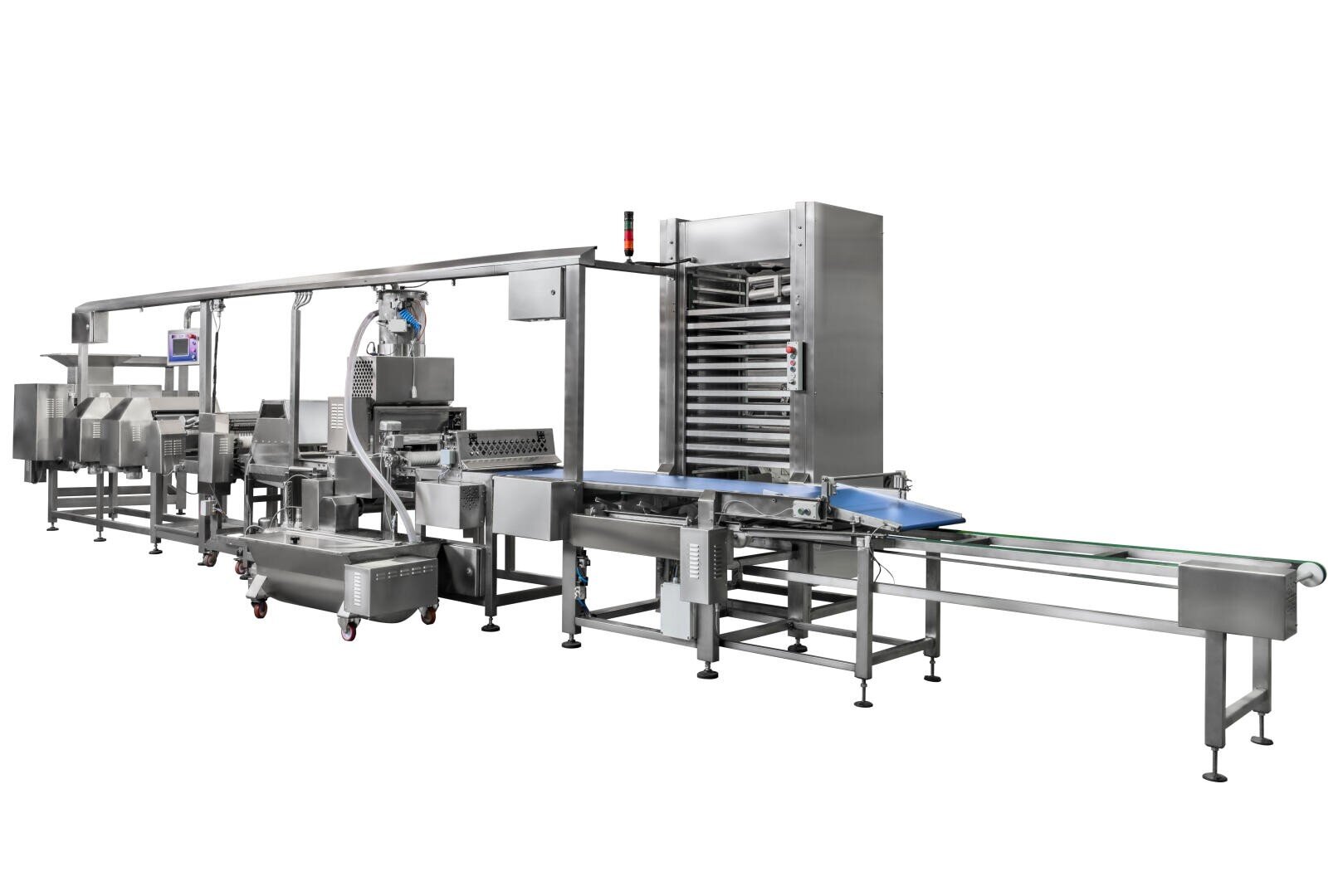 Eine große, automatisierte Lebensmittelverarbeitungs- und Verpackungsmaschine aus Edelstahl mit Förderbändern, Öfen und verschiedenen mechanischen Komponenten, die für die Lebensmittelproduktion im industriellen Maßstab konzipiert ist.