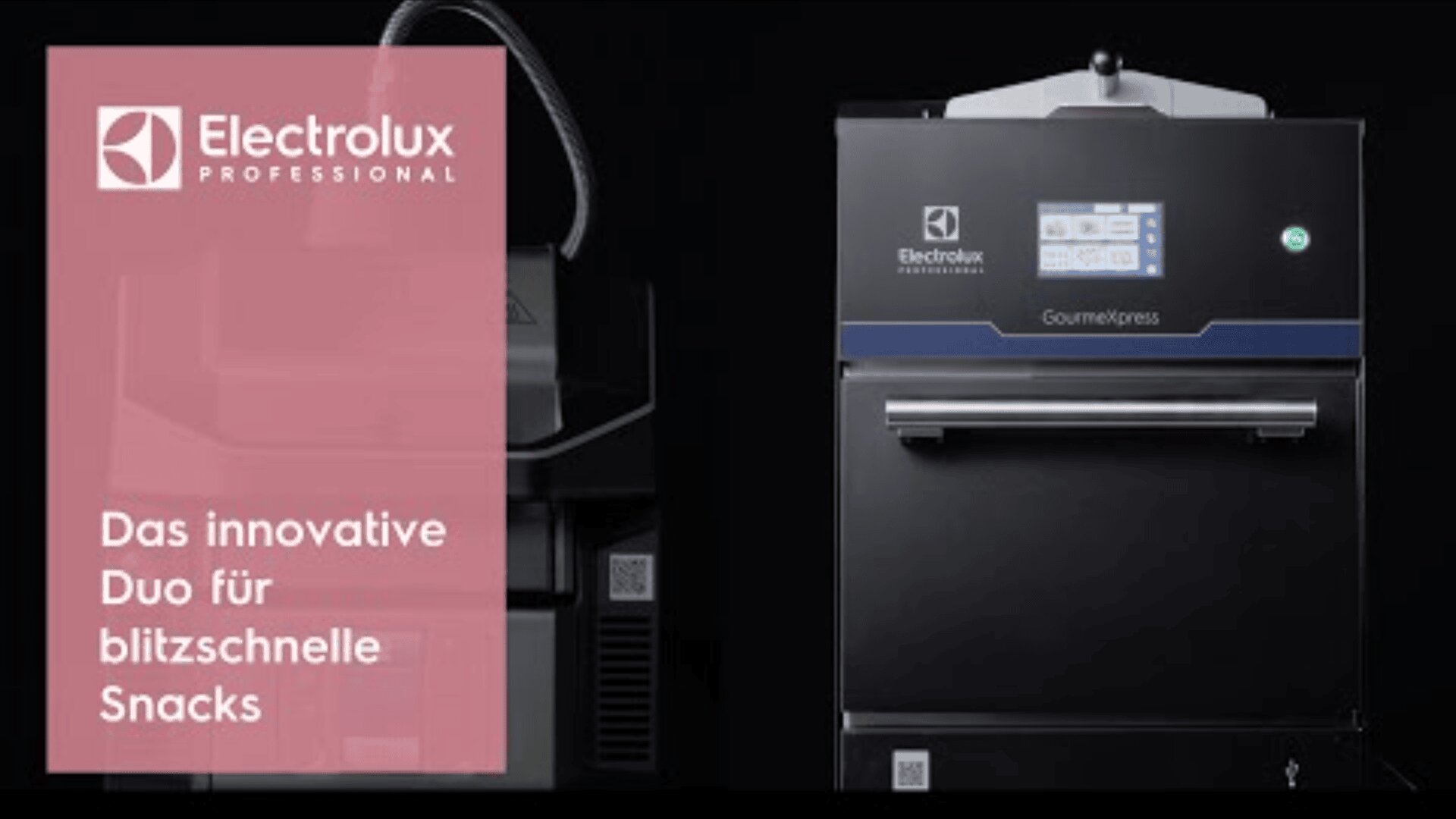A modern Electrolux Professional kitchen appliance with a touchscreen display is shown. The left side features a pink overlay with the Electrolux logo and German text: Das innovative Duo für blitzschnelle Snacks.