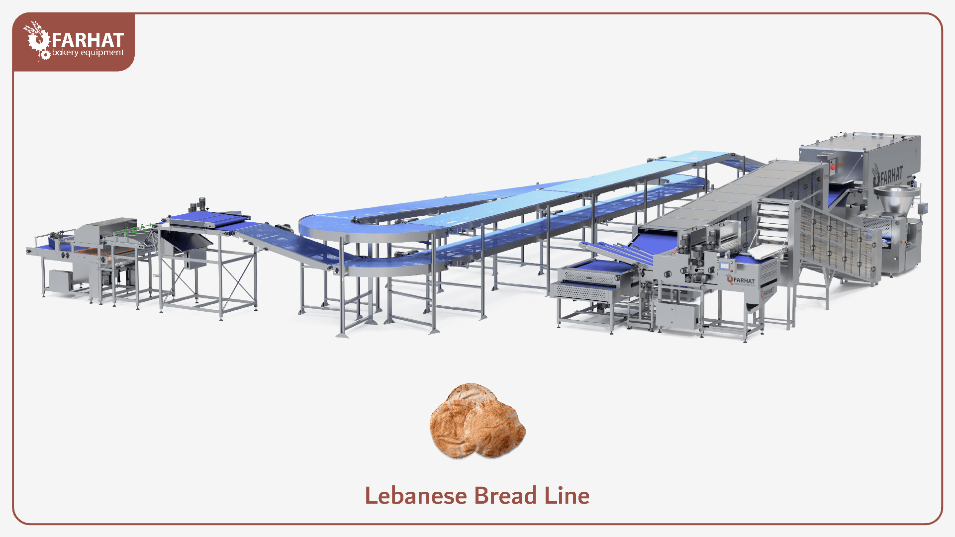 A large industrial Lebanese bread production line with blue conveyor belts and various metal machines, branded “Farhat Bakery Equipment,” is shown with a piece of bread and the text Lebanese Bread Line below.