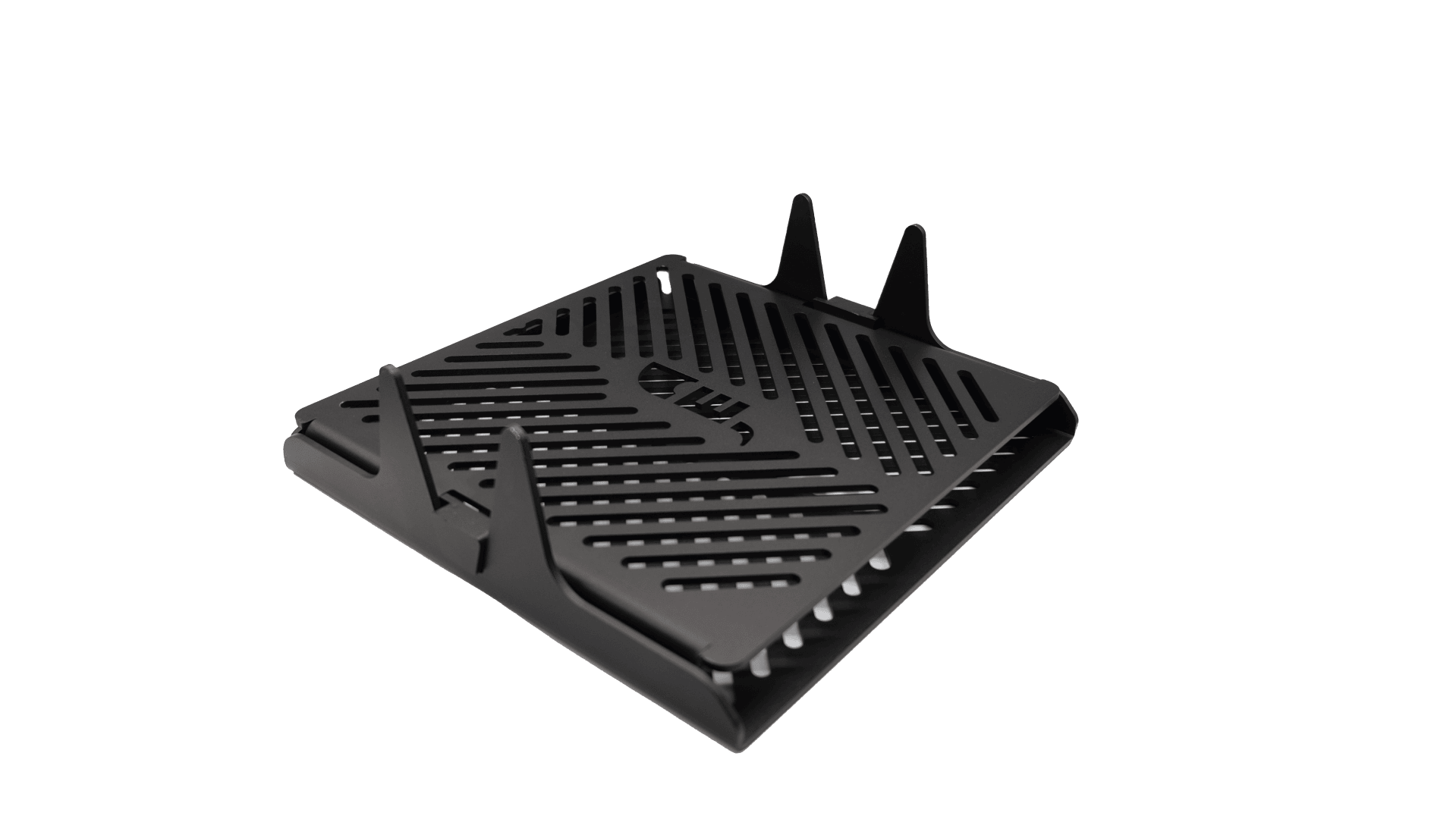 A black, ventilated metal notebook stand with diagonal slots for air circulation and two handles on the back that hold and lift the notebook for better cooling.