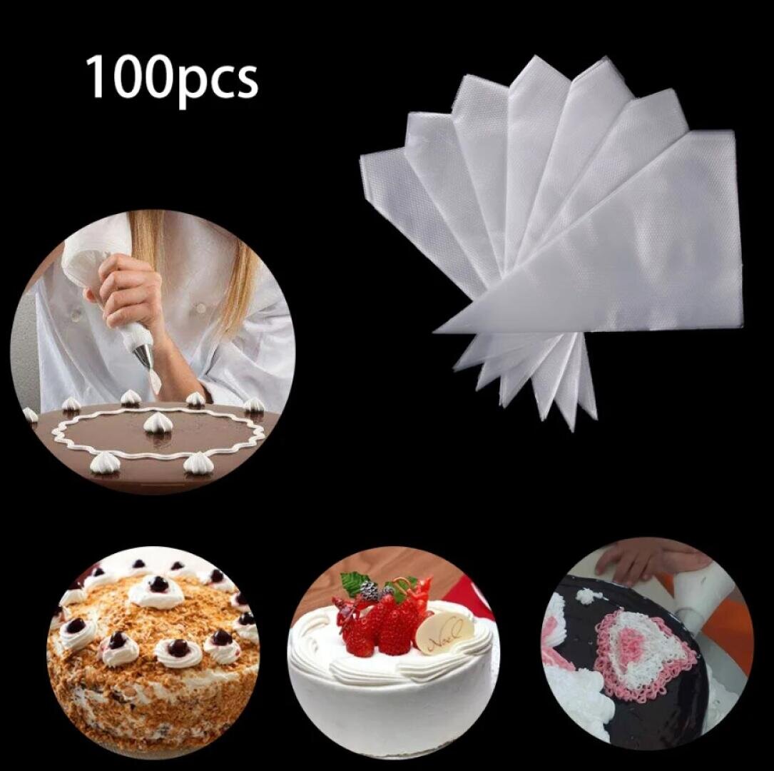 Image showing 100 disposable piping bags, with circular insets of cakes being decorated with the bags and various frosting designs.