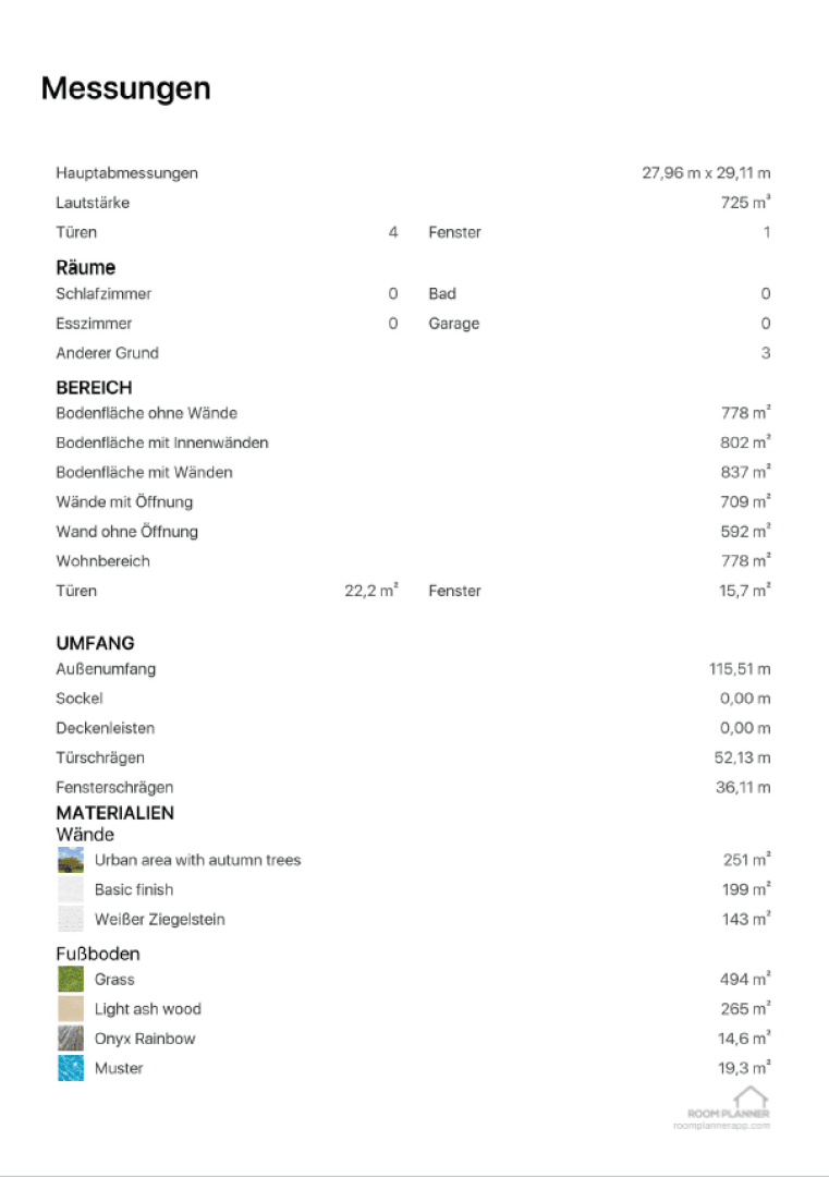 A measurement summary in German for a building project, listing dimensions, room counts, wall areas, openings, and material quantities for walls and floors, including grass, wood, and tile. Roope Räisänen Architects logo at bottom.