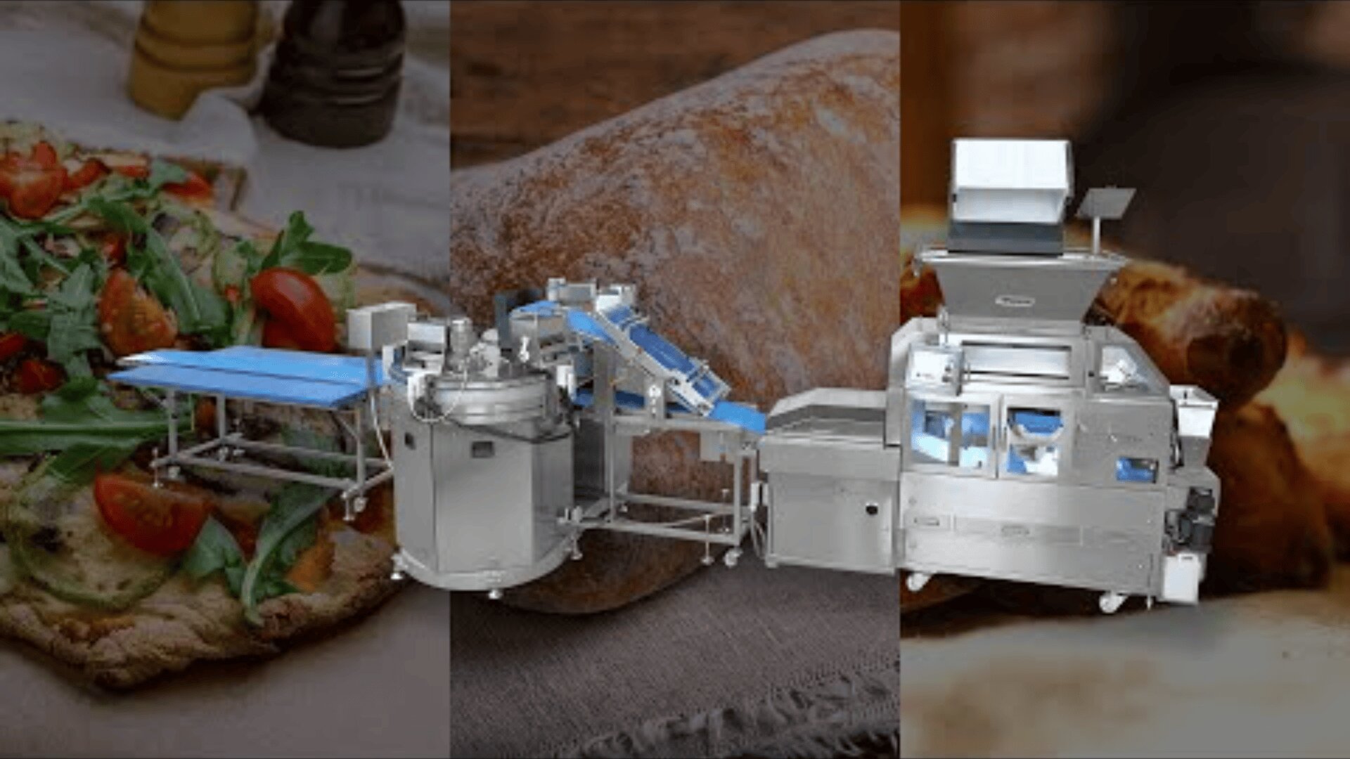 A commercial bread baking machine with conveyor belts stands against a backdrop of fresh focaccia with tomatoes and rocket and a close-up of rustic bread.
