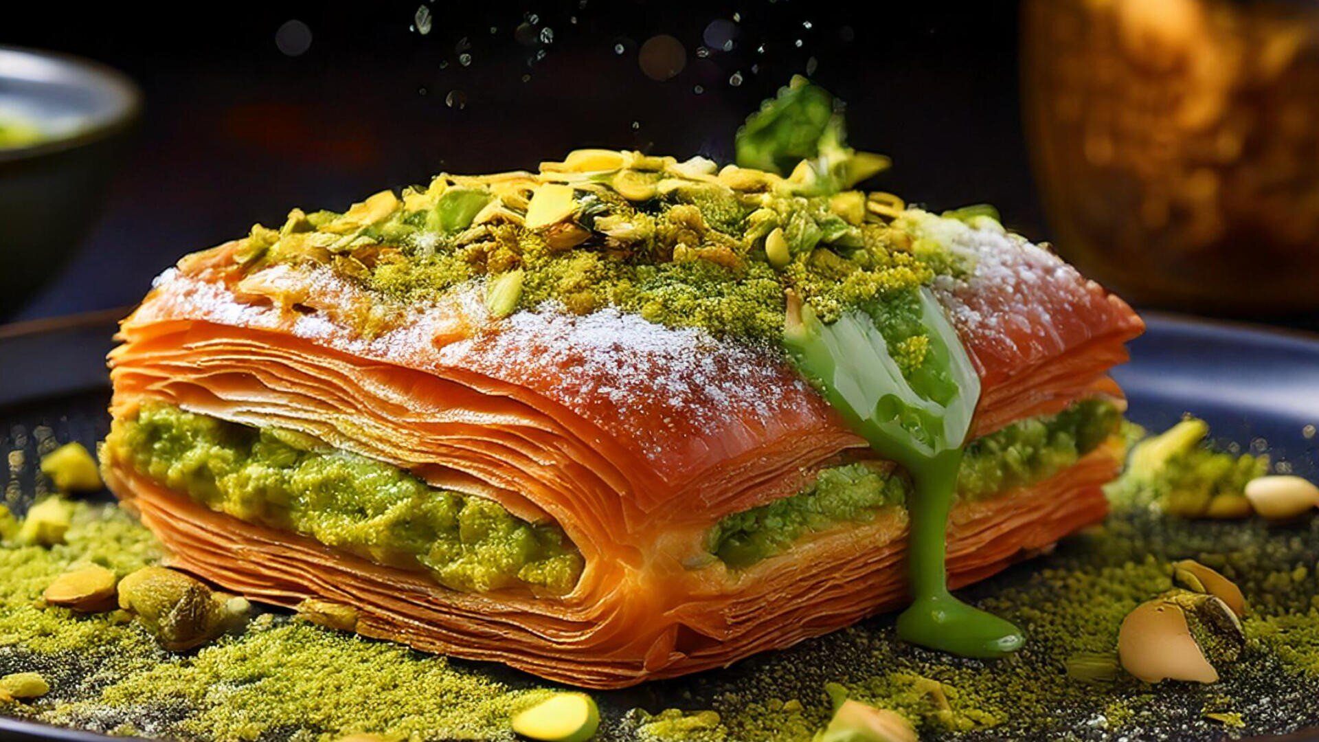 A slice of flaky baklava with green pistachio filling, topped with powdered sugar, crushed pistachios, and a drizzle of green sauce, served on a dark plate with pistachio crumbs scattered around.