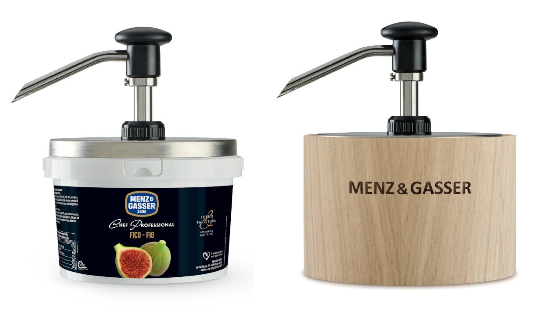 Two Menz & Gasser dispensers are shown. The left one is a white container labeled Fig, with a pump. The right one has a wooden exterior with MENZ & GASSER written on it and a similar pump on top.