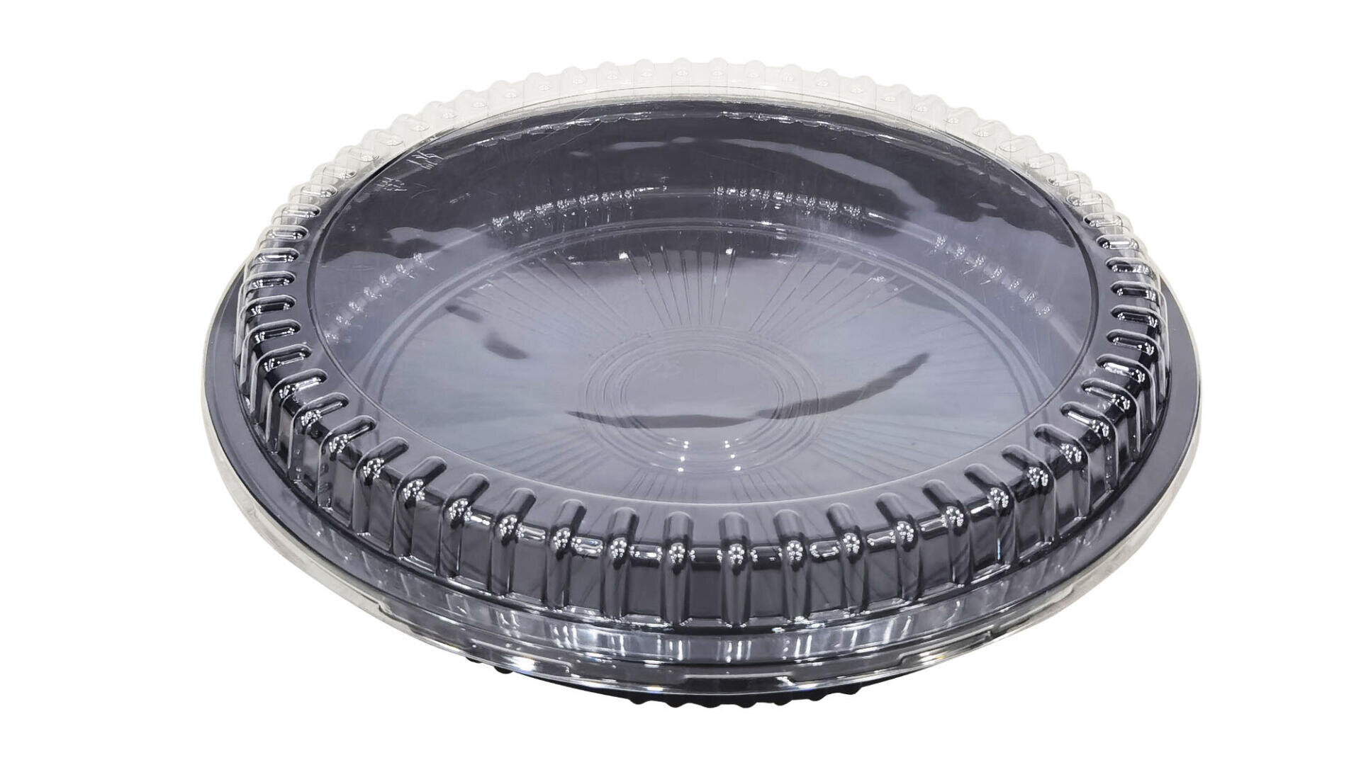 A round black plastic food tray with a clear, domed, ridged lid, typically used for carrying or displaying baked goods or party platters.
