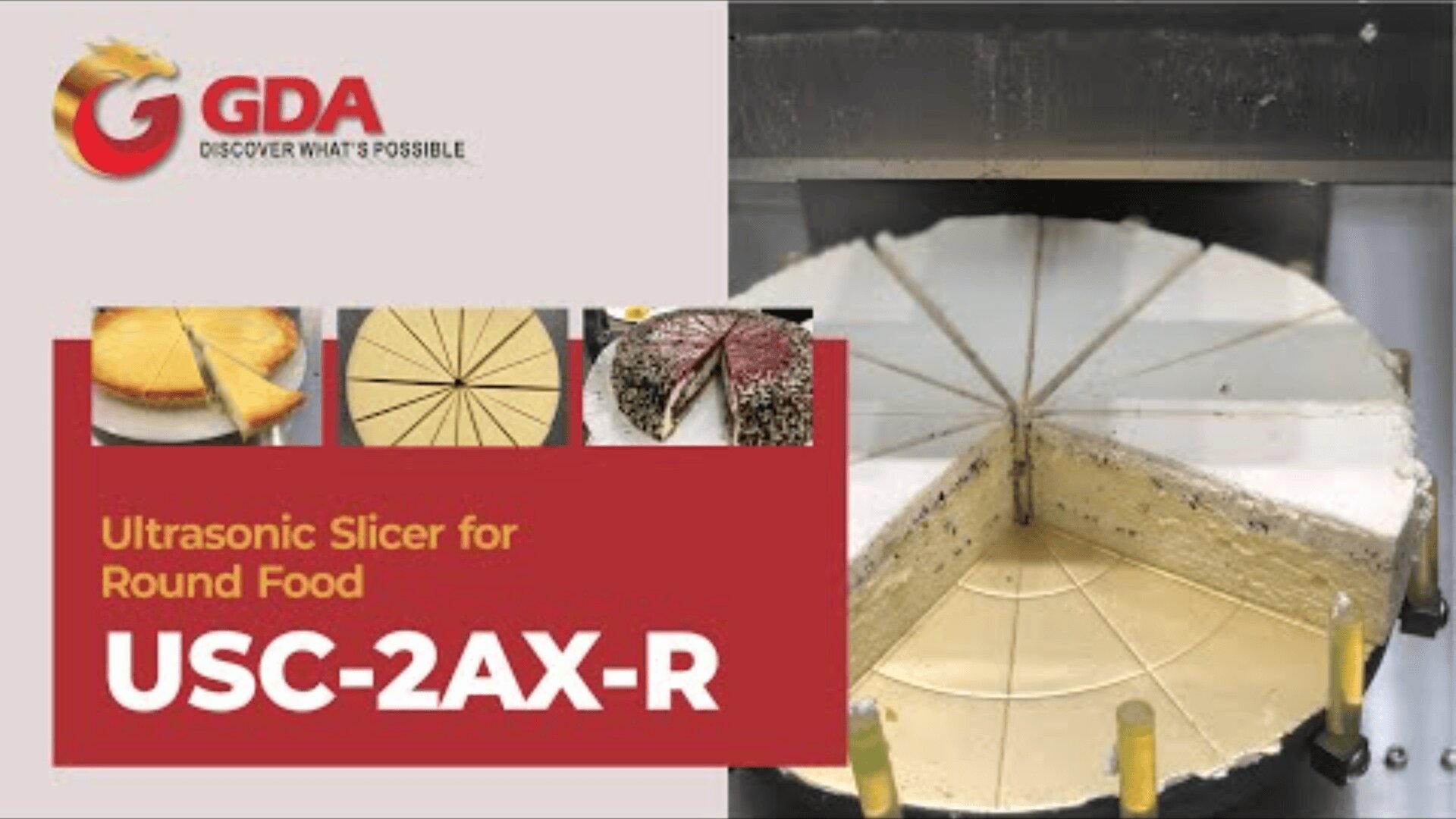 Advertising image showing an ultrasonic slicing machine cutting a round cheesecake into even slices. Smaller pictures show various sliced cakes. Text: Ultrasonic cutting machine for round food USC-2AX-R. GDA logo top left.