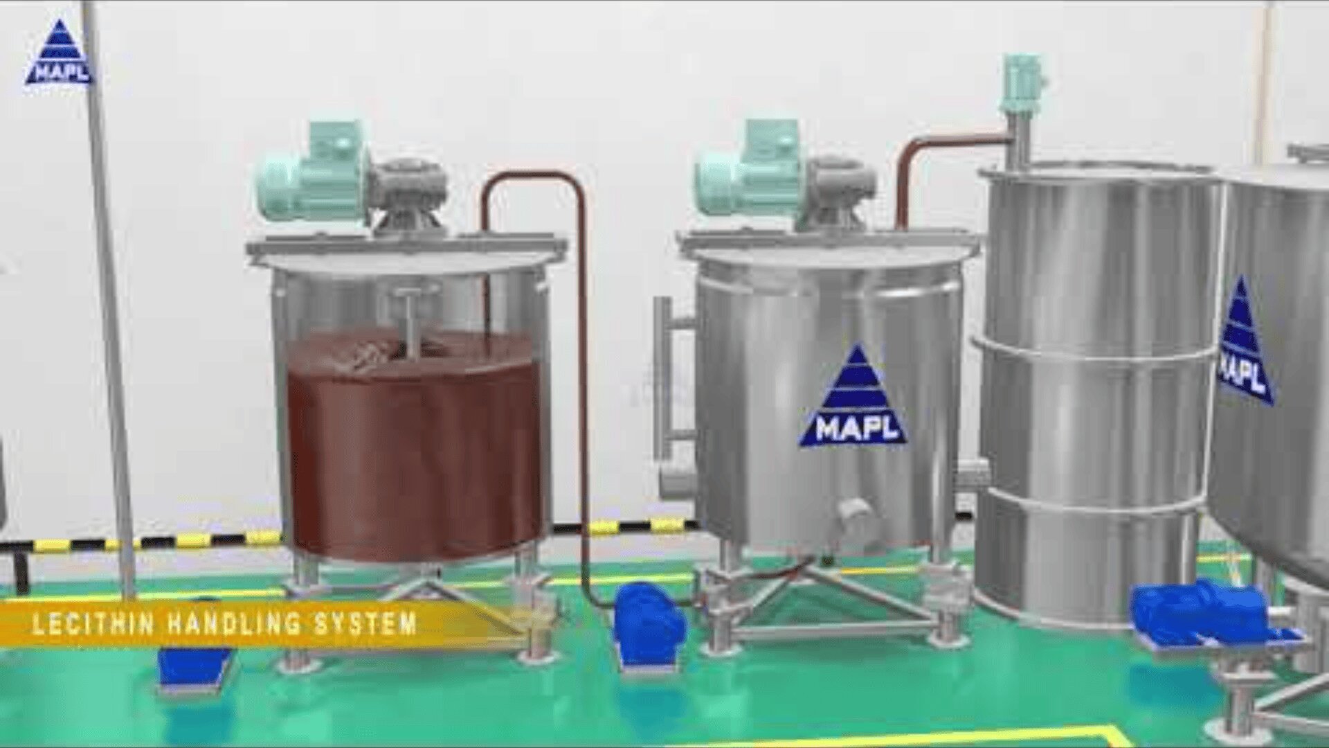Two large stainless steel industrial tanks, one filled with a brown liquid, are connected by pipes in a clean, indoor facility. Both tanks have MAPL logos and motors on top. Text reads LECITHIN HANDLING SYSTEM.