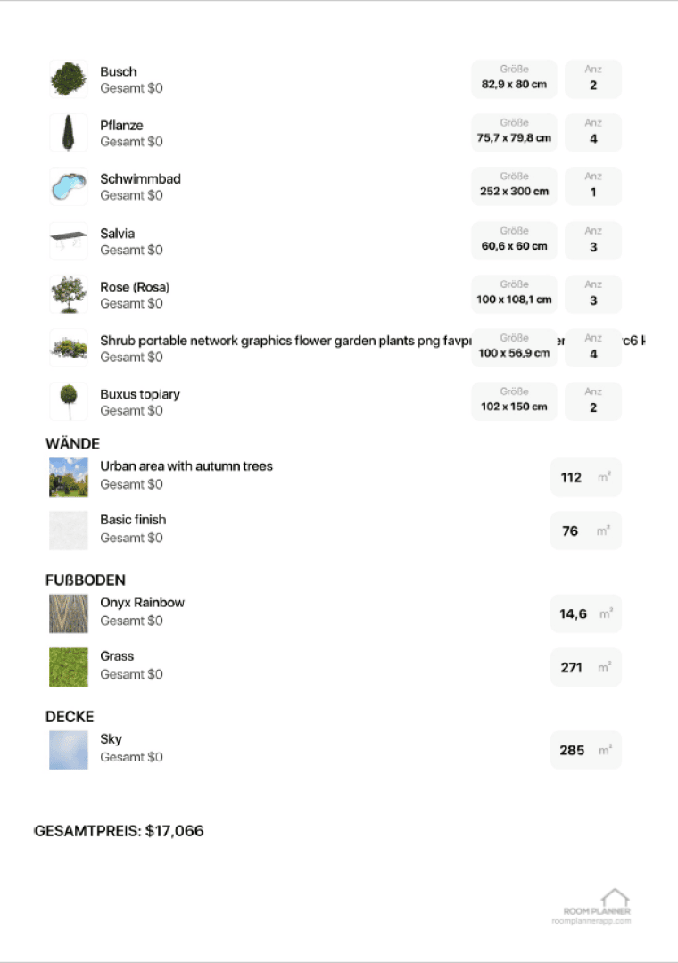 A project estimate page displaying images and prices for items like trees, plants, a swimming pool, and flooring. Area measurements for walls, floor, and ceiling are listed. The total price shown at the bottom is $17,066.