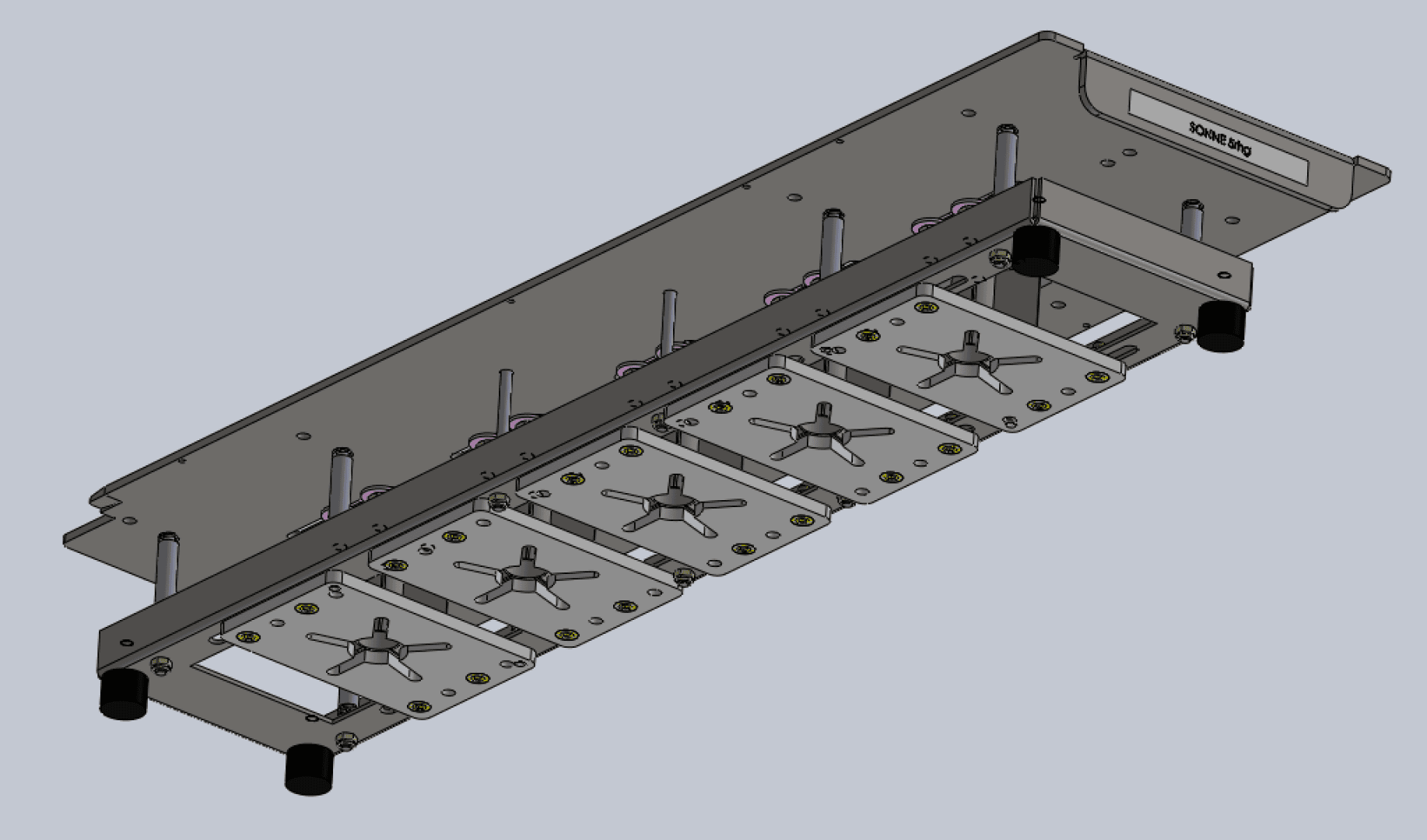 3D CAD model of a metal assembly with six adjustable mounting plates, springs, and support rods, designed for precise alignment or clamping. The unit is labeled and has black handles on the bottom corners.