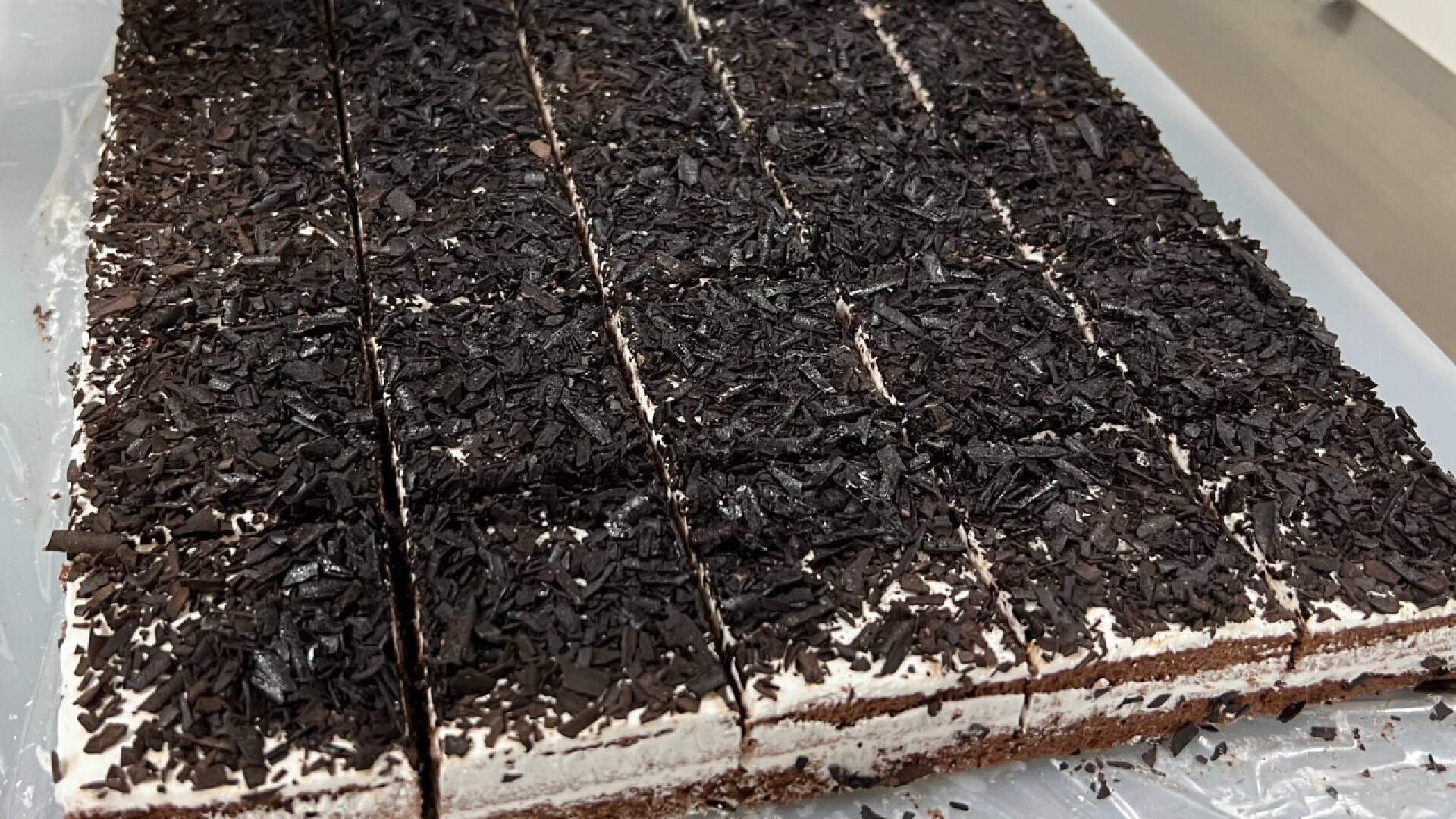 Ein Tablett mit rechteckigen Schokoladenkuchen mit weißem Zuckerguss und Schokoladenraspeln, die in quadratische Stücke geschnitten sind.
