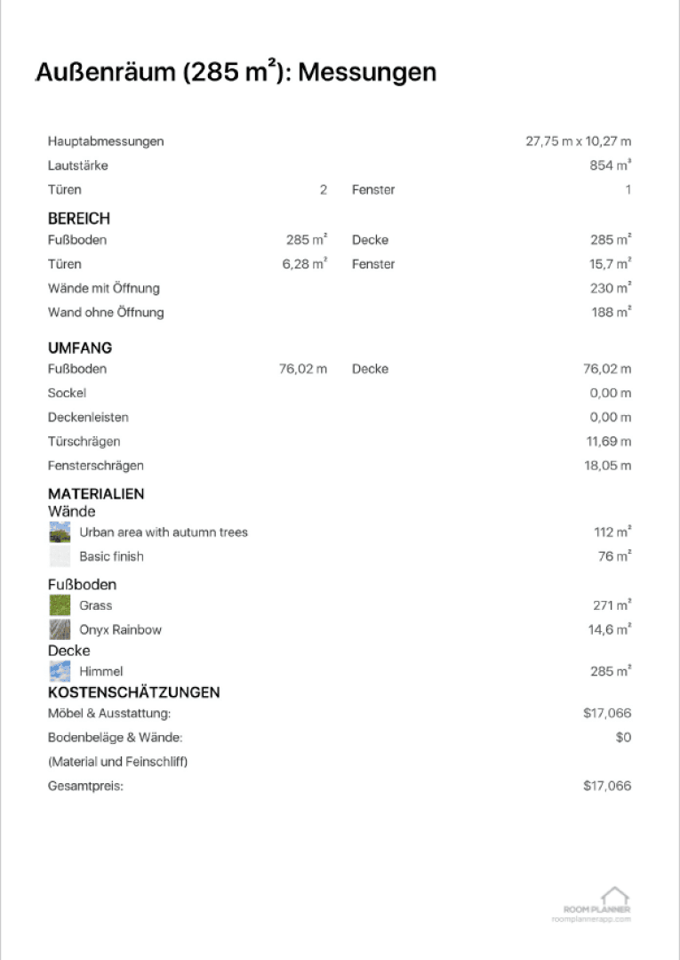 A German architectural measurement chart for an outdoor space of 285 m², listing dimensions, material estimates for walls, floor, and ceiling, and a total cost estimate of $17,066. Includes a logo in the bottom right corner.