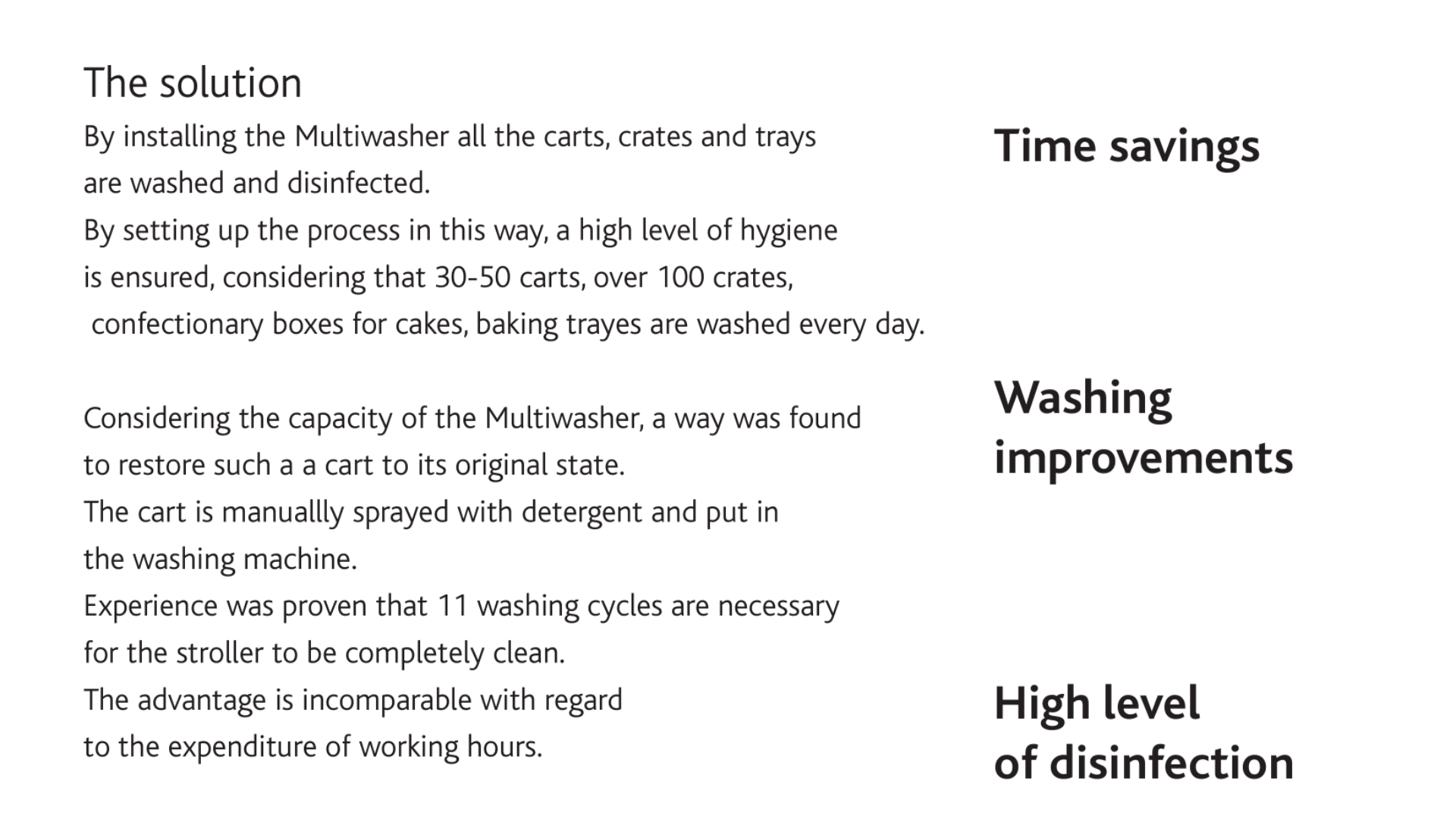 Text describes how installing Multiwashers saves time, improves washing, and raises disinfection levels for carts, crates, and trays by automating cleaning and reducing manual labor and detergent use.