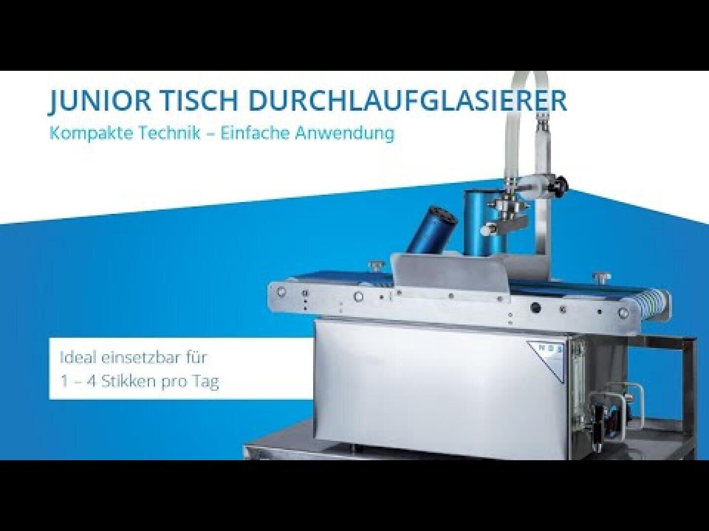 A compact tabletop glazing machine labeled Junior Tisch Durchlaufglasierer is shown. The background text highlights its simple operation, and a note states its ideal for processing 1–4 pieces per day.