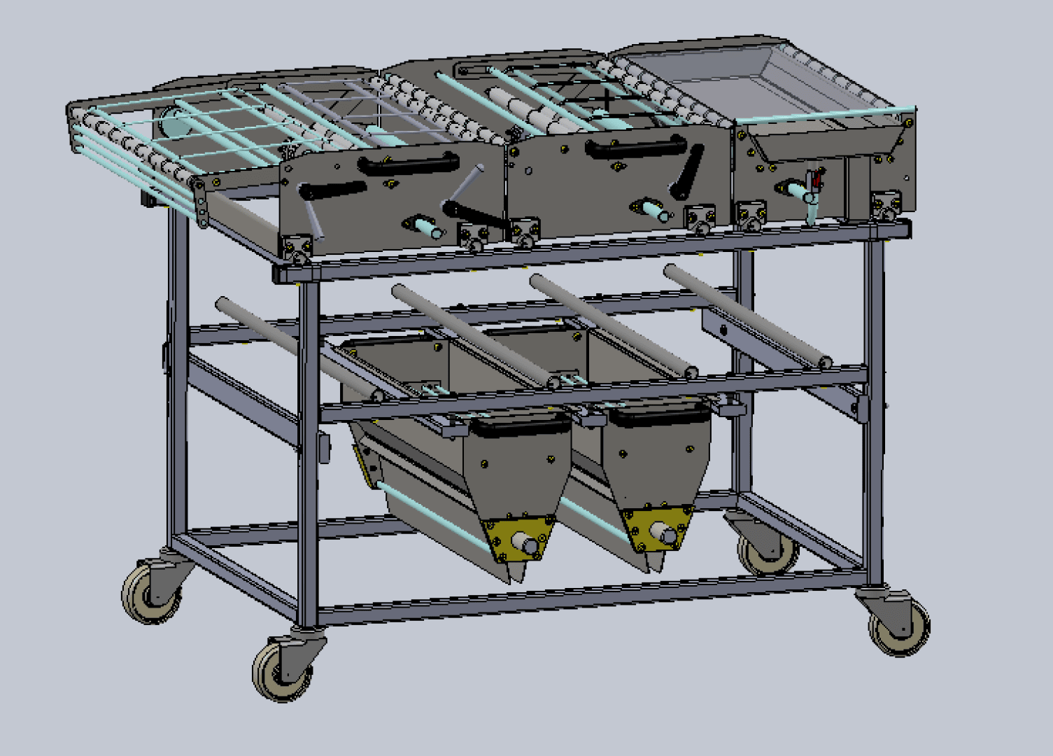 A 3D model of an industrial machine on wheels with three conveyor belt sections on top and two funnel-like components below, supported by a metal frame structure.