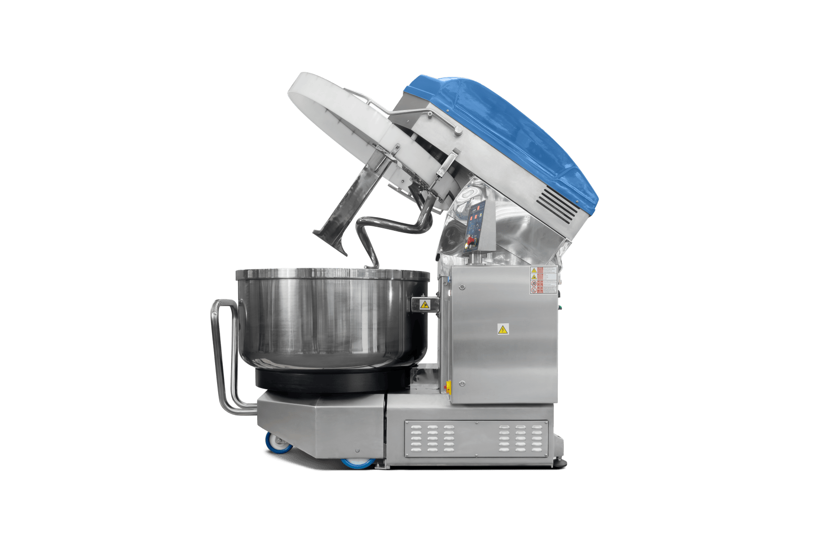 Industrial dough mixer with a large stainless steel bowl, a spiral mixing arm, and a blue and white lid, shown with the lid open, isolated on a black background.