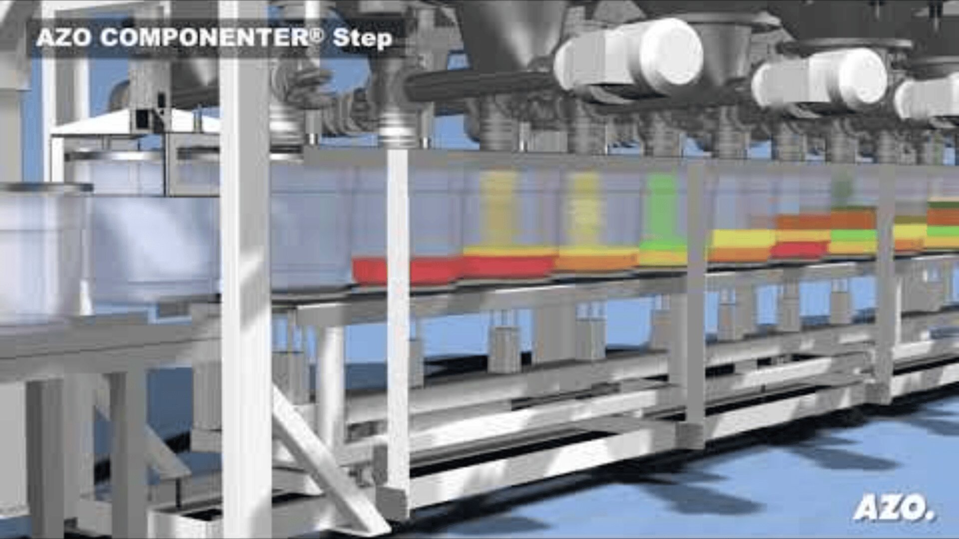 Ein computergeneriertes Bild zeigt das AZO COMPONENTER® Step-System mit mehreren Behältern, die bunte Pulverzutaten auf ein Förderband in einer modernen Industrieumgebung abgeben.