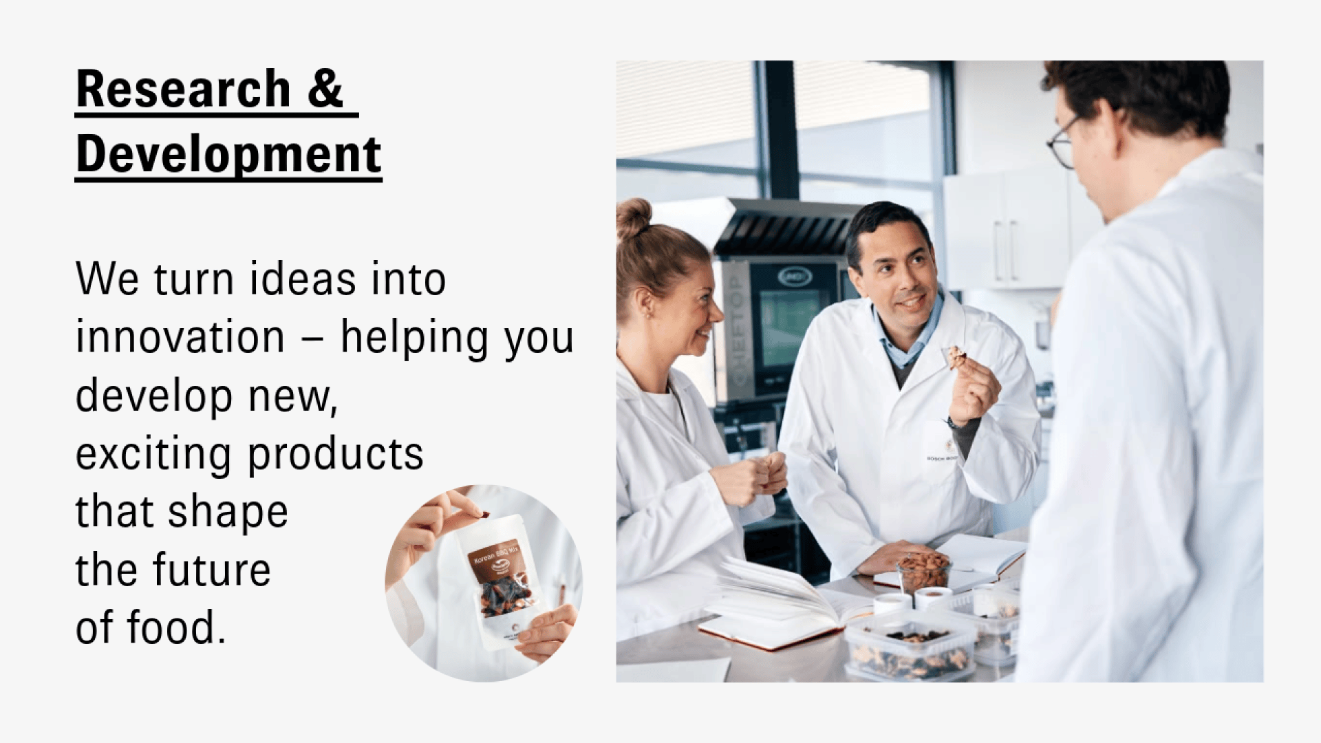 Three scientists in lab coats discuss food samples in a modern laboratory. Text reads: Research & Development. We turn ideas into innovation—helping you develop new, exciting products that shape the future of food.