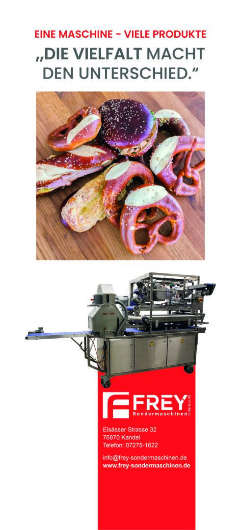 A variety of pretzels on a plate above an industrial food processing machine with the Frey company logo, contact details, and the German slogan: Die Vielfalt macht den Unterschied.