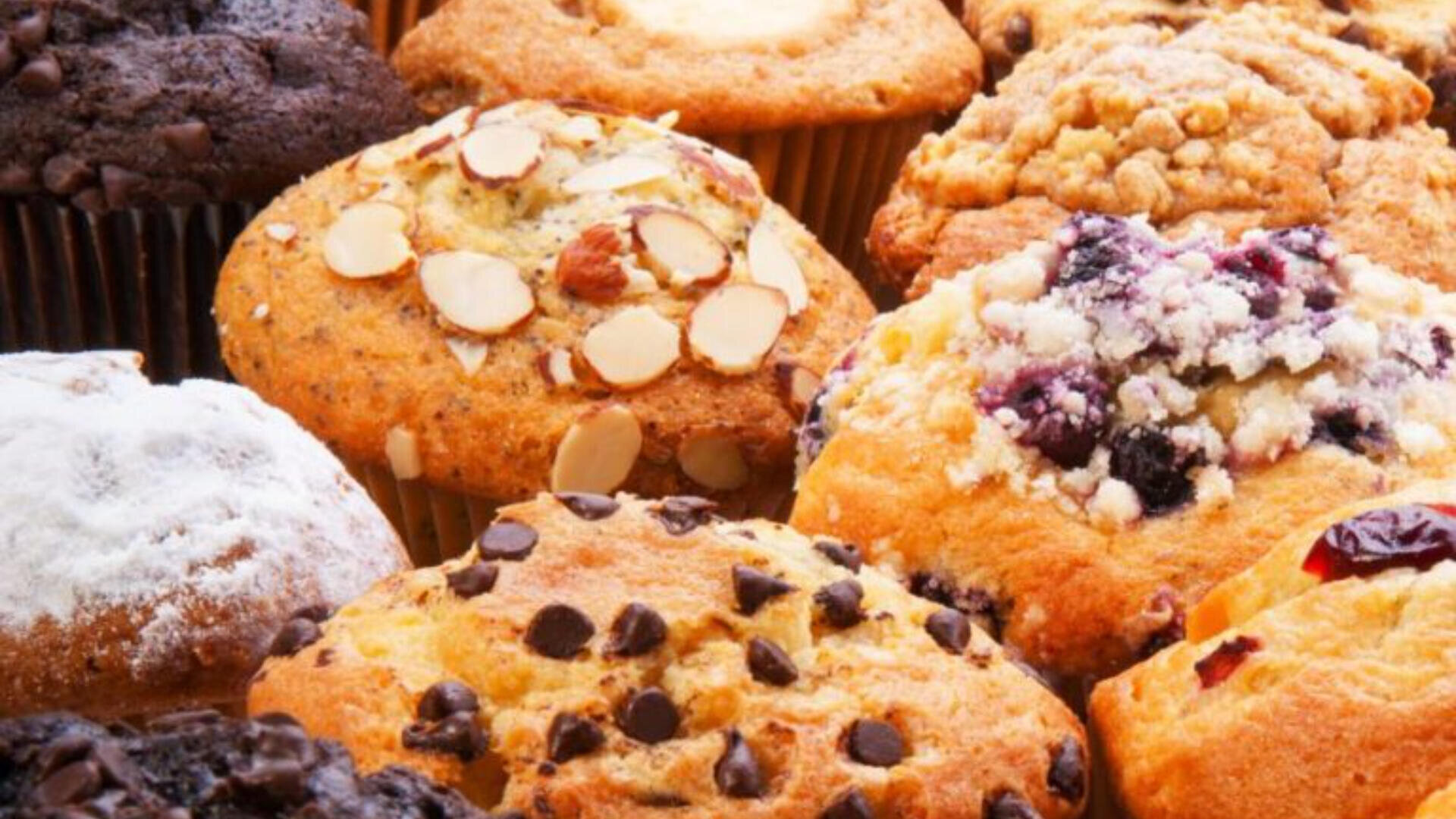 Eine Auswahl an Muffins, darunter mit Schokoladenstückchen, Mandeln, Blaubeerstreuseln und mit Puderzucker überzogen, dicht an dicht angeordnet.