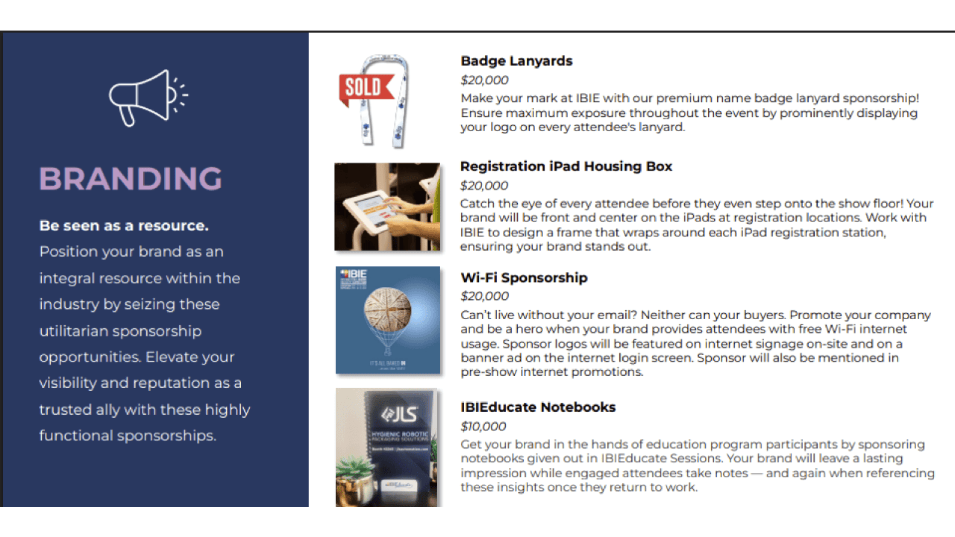 Branding-Sponsoring-Optionen mit Bildern aufgelistet: Badge Lanyards, Registrierungs-iPad-Gehäusebox, Wi-Fi-Sponsoring und IBIEducate-Notebooks, jeweils mit einer kurzen Beschreibung und einem Preis sowie Tipps zur Markenstrategie.