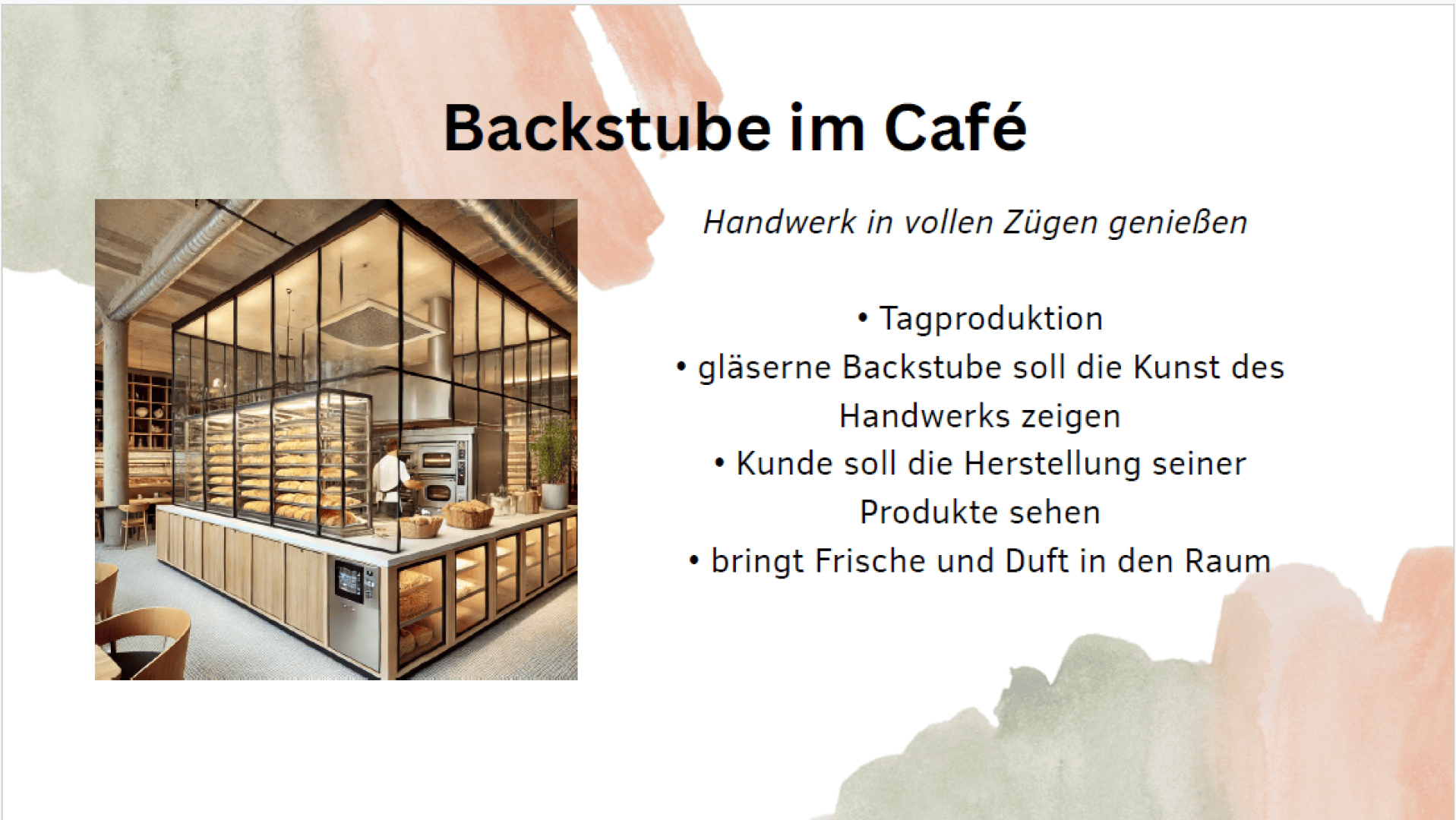 A modern café with a glass-walled bakery section displaying shelves of baked goods. Text describes daily production, transparency, customer engagement, and freshness in the bakery area.