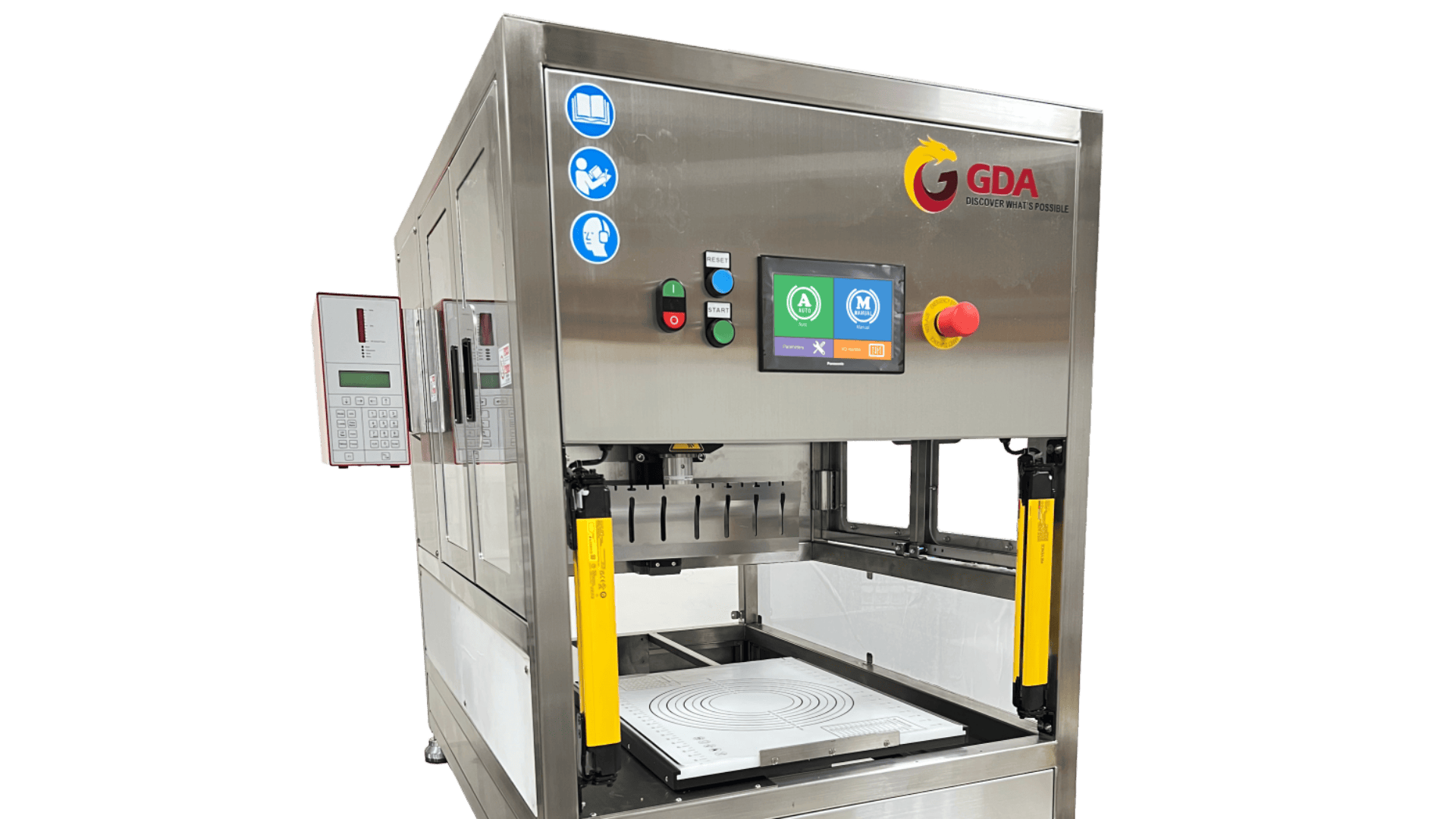 A stainless steel industrial machine with a digital touchscreen, control buttons, safety labels, and an open front compartment. The GDA logo and name are visible on the top right corner.