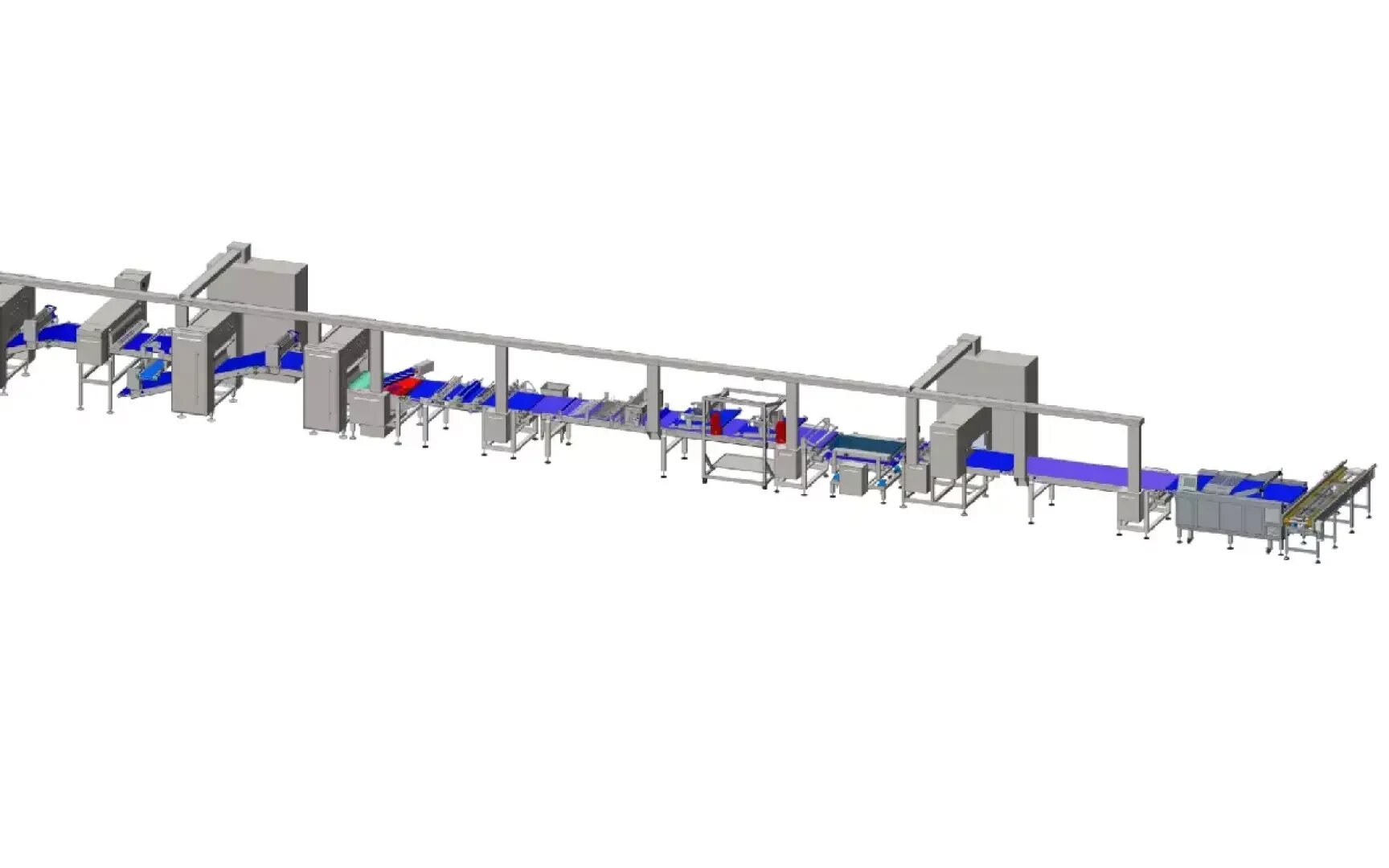 A 3D rendering of an automated conveyor belt system with multiple workstations and machinery, designed for sorting or processing items, all set against a white background.