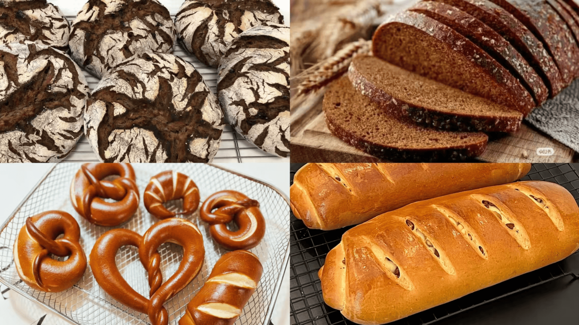 A collage of four types of bread: cracked round loaves, sliced dark rye bread, twisted soft pretzels, and golden brown baguettes with slits on top, all displayed on cooling racks or cutting boards.