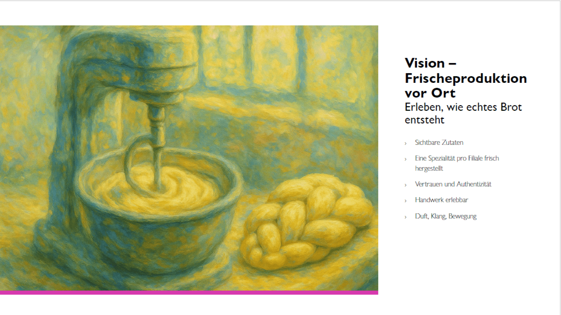 A painted illustration of a stand mixer blending dough, with a basket of bread rolls beside it. On the right, German text describes local fresh bread production and its qualities, such as visible ingredients and artisanal craft.