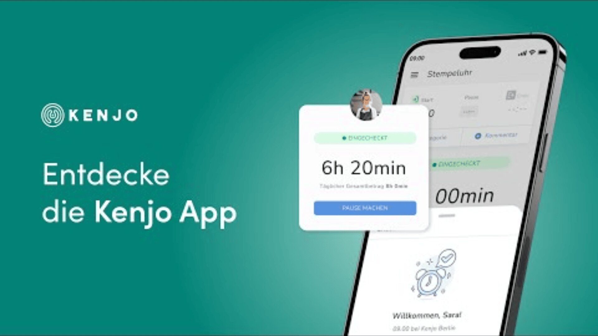 A smartphone displays the Kenjo app interface tracking working hours. The screen shows “6h 20min” and a button to pause. Text on the left reads, “Entdecke die Kenjo App” on a teal background.