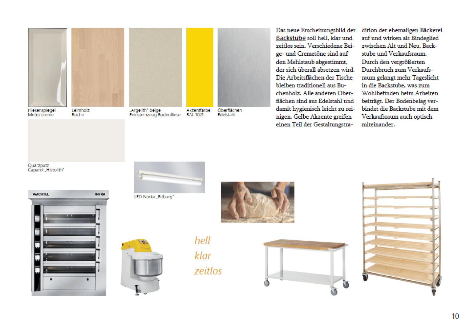 Eine Designtafel mit Bäckereigeräten, Holzoberflächen, neutralen Farbmustern, LED-Beleuchtung, Händen, die Teig kneten, und einem Holzgestell; begleitet von einem beschreibenden deutschen Text und den Worten „hell, klar, zeitlos.“.