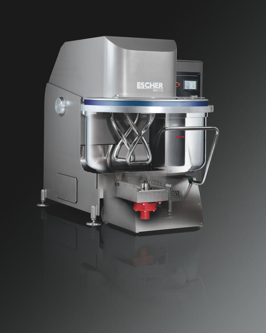 A large industrial dough mixer machine made of stainless steel with a digital display, labeled ESCHER, shown against a dark gradient background.