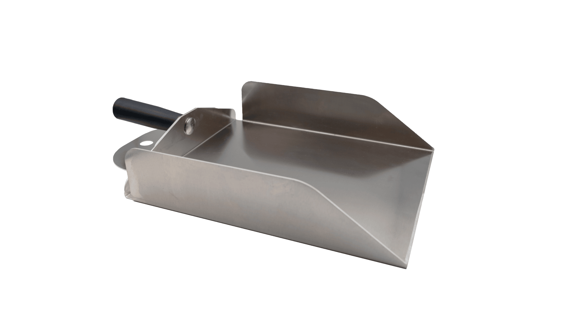 A dustpan made of stainless steel with a black handle, high sides and a flat base, on a plain background.
